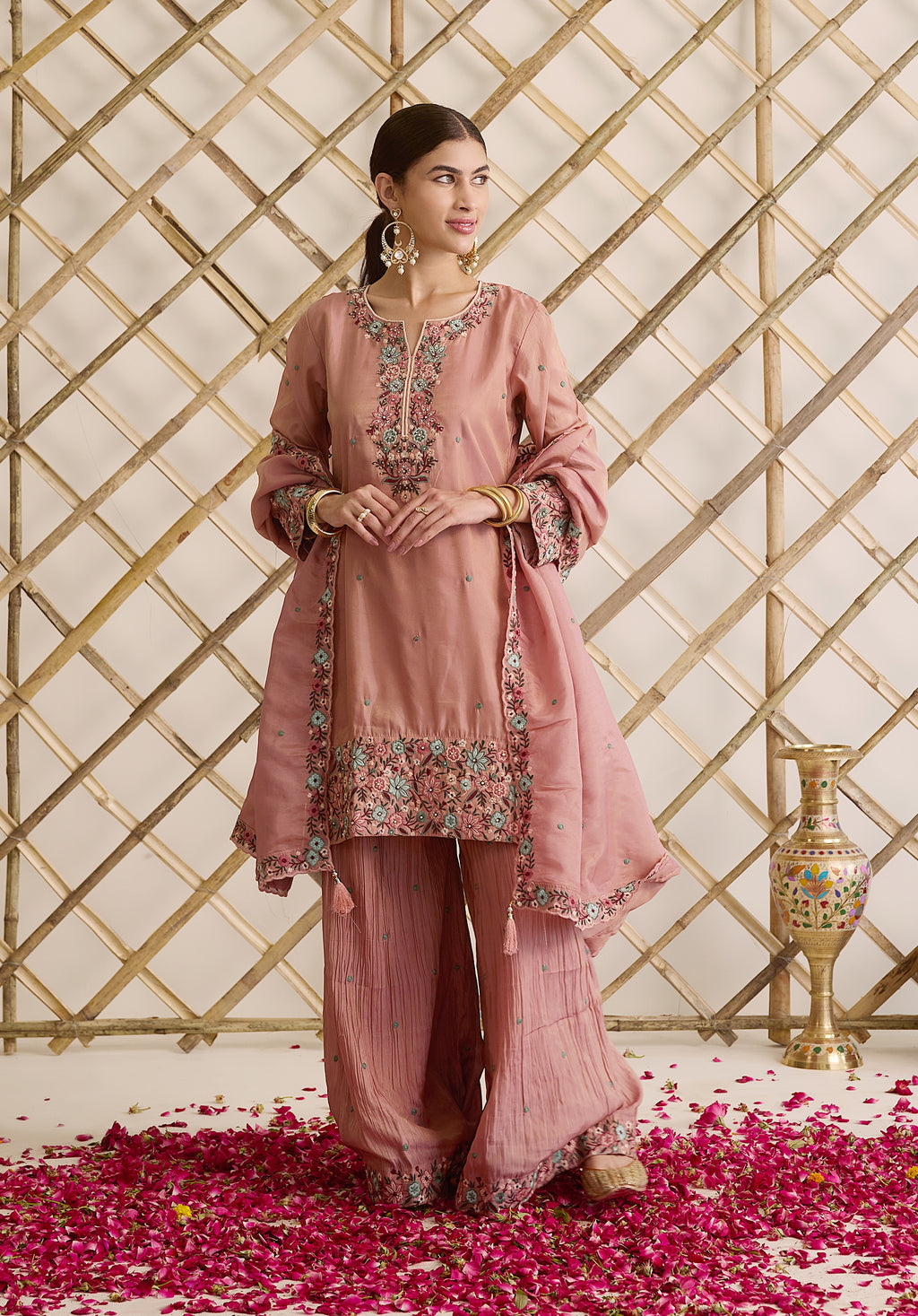 Dusky pink Gulab suit Indian ethnic wear: premium silk with gold floral zardozi work, ornate printed palazzo, embellished dupatta, buy salwar kameez online for graceful traditional attire.
