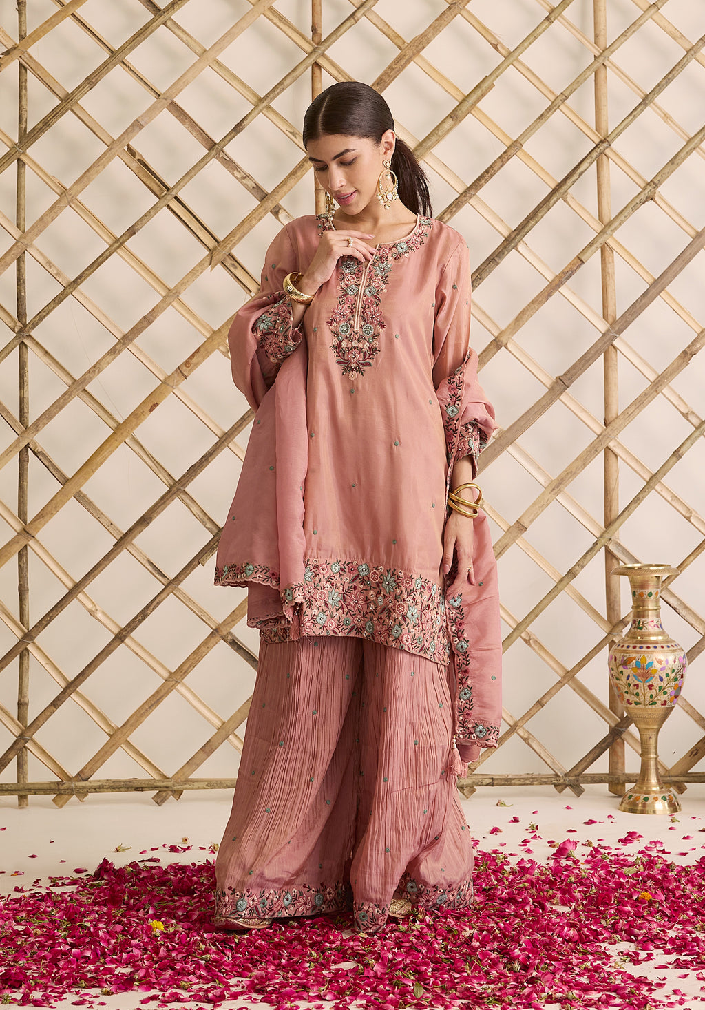 Dusky pink Gulab suit Indian ethnic wear: premium silk with gold floral zardozi work, ornate printed palazzo, embellished dupatta, buy salwar kameez online for graceful traditional attire.