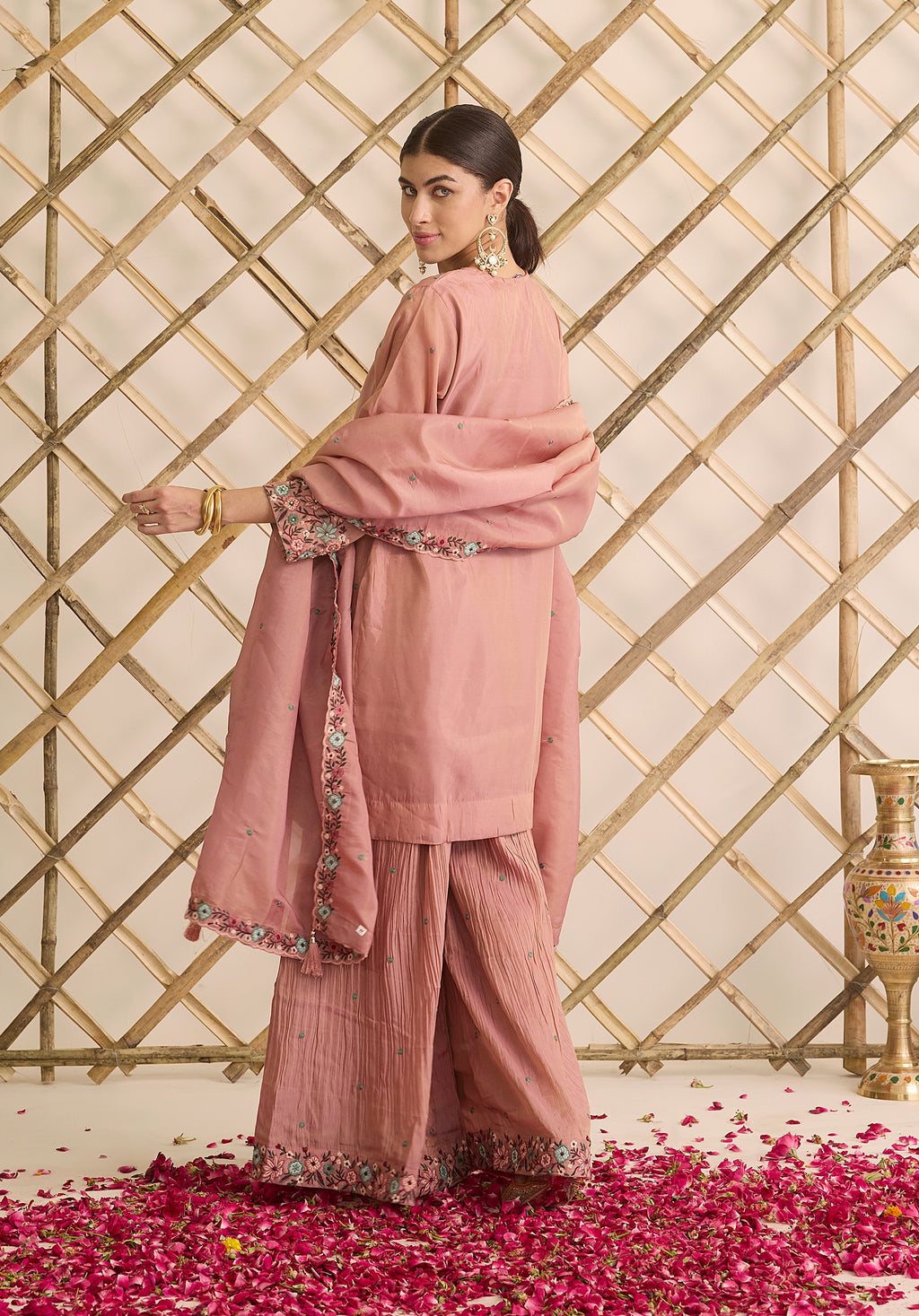 Dusky pink Gulab suit Indian ethnic wear: premium silk with gold floral zardozi work, ornate printed palazzo, embellished dupatta, buy salwar kameez online for graceful traditional attire.