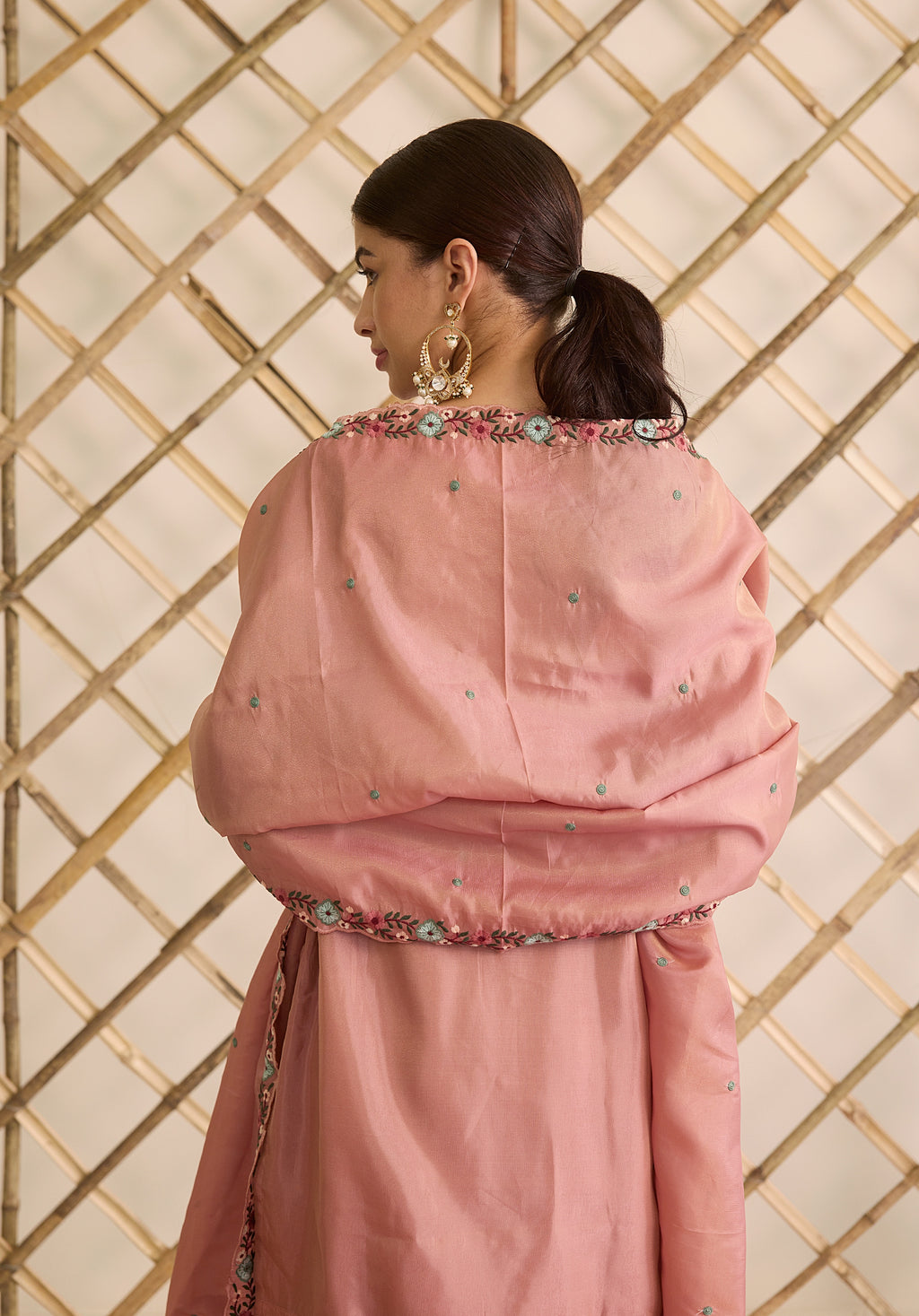Dusky pink Gulab suit Indian ethnic wear: premium silk with gold floral zardozi work, ornate printed palazzo, embellished dupatta, buy salwar kameez online for graceful traditional attire.