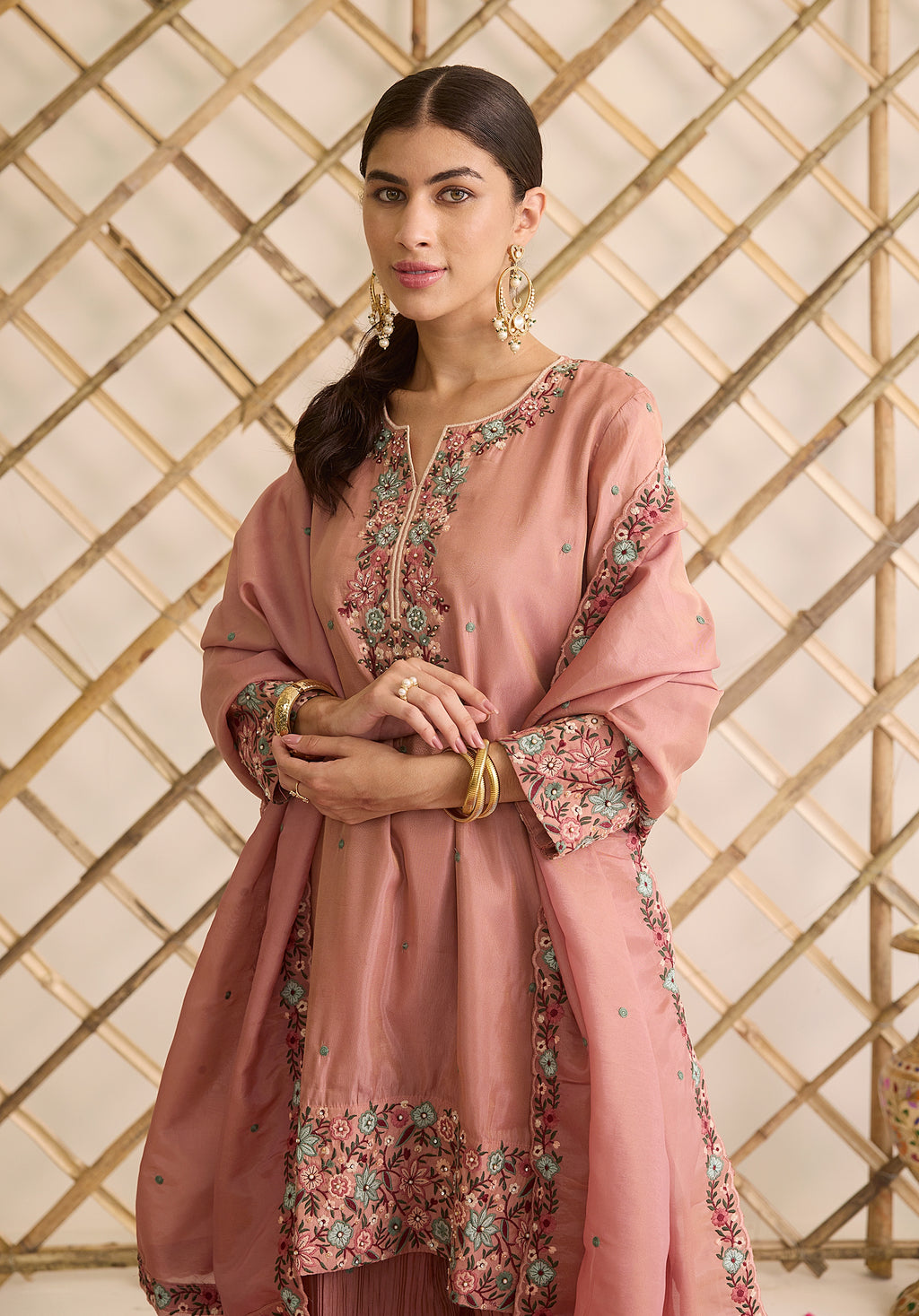 Dusky pink Gulab suit Indian ethnic wear: premium silk with gold floral zardozi work, ornate printed palazzo, embellished dupatta, buy salwar kameez online for graceful traditional attire.