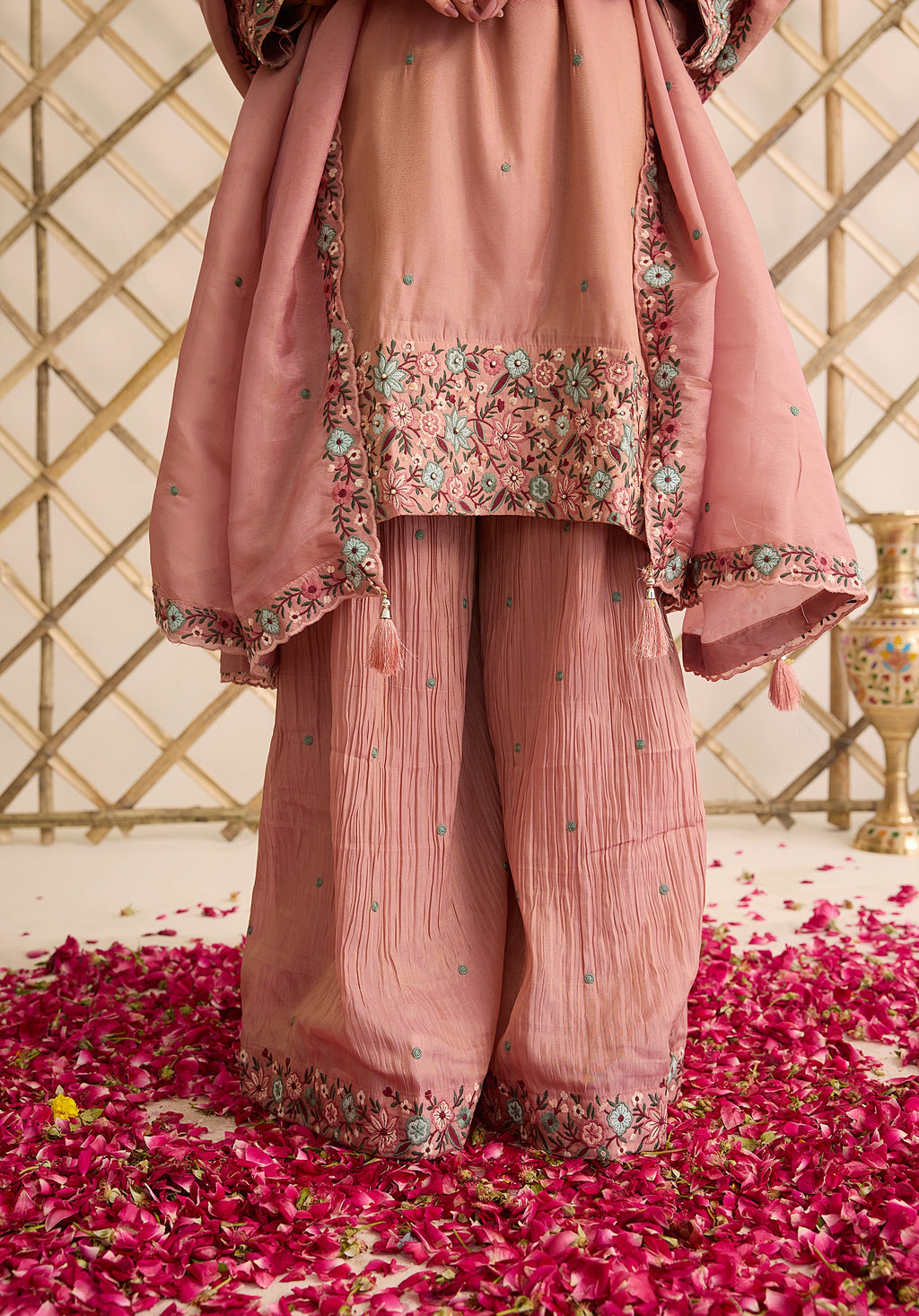 Dusky pink Gulab suit Indian ethnic wear: premium silk with gold floral zardozi work, ornate printed palazzo, embellished dupatta, buy salwar kameez online for graceful traditional attire.