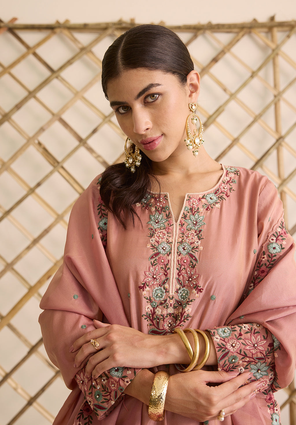 Dusky pink Gulab suit Indian ethnic wear: premium silk with gold floral zardozi work, ornate printed palazzo, embellished dupatta, buy salwar kameez online for graceful traditional attire.