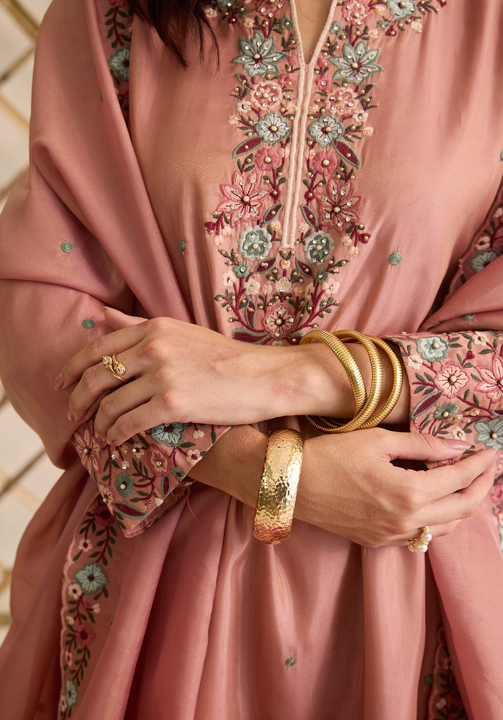 Dusky pink Gulab suit Indian ethnic wear: premium silk with gold floral zardozi work, ornate printed palazzo, embellished dupatta, buy salwar kameez online for graceful traditional attire.
