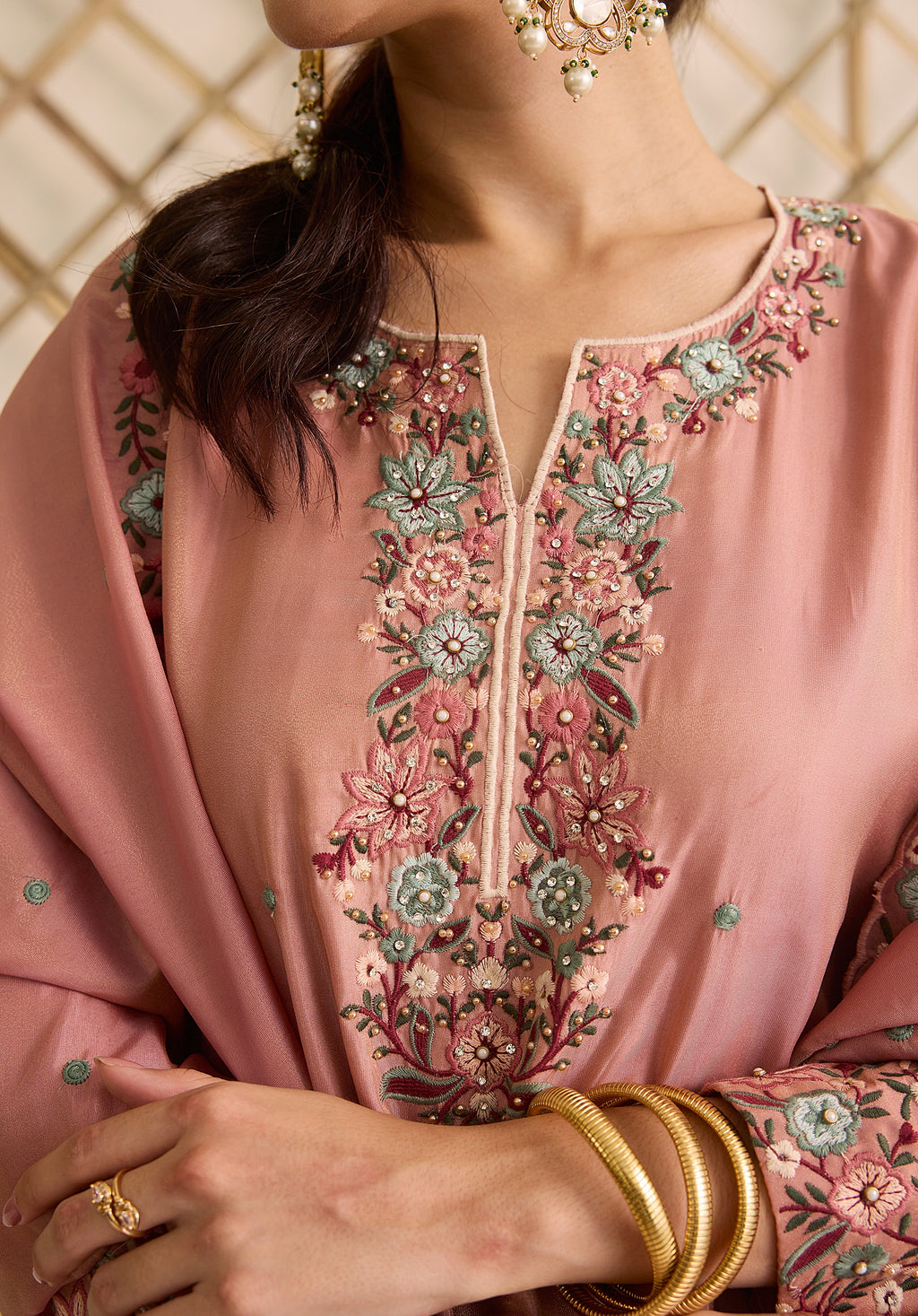 Dusky pink Gulab suit Indian ethnic wear: premium silk with gold floral zardozi work, ornate printed palazzo, embellished dupatta, buy salwar kameez online for graceful traditional attire.