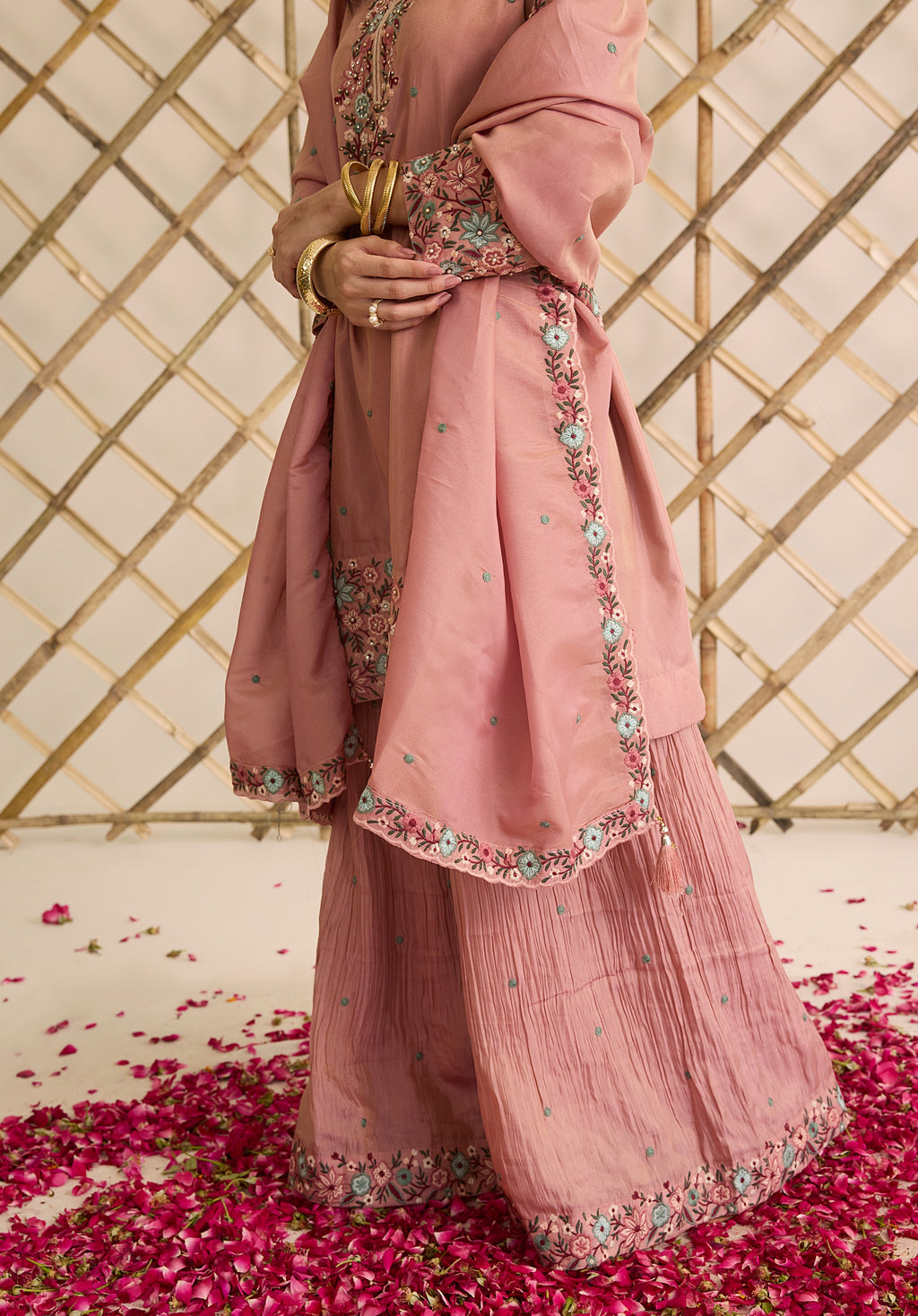 Dusky pink Gulab suit Indian ethnic wear: premium silk with gold floral zardozi work, ornate printed palazzo, embellished dupatta, buy salwar kameez online for graceful traditional attire.