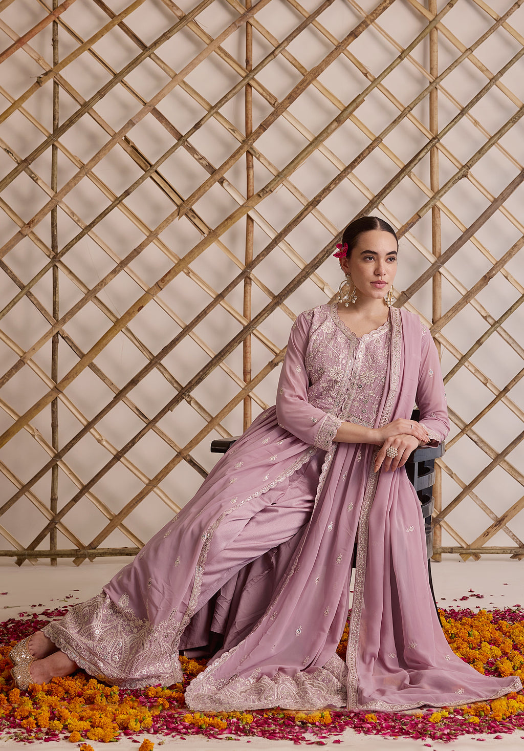 Lemonade pink Nazakat Anarkali suit Indian ethnic wear: georgette silk with white threadwork chikan embroidery, flared design, lilac dupatta, buy salwar kameez online Lucknowi inspired.