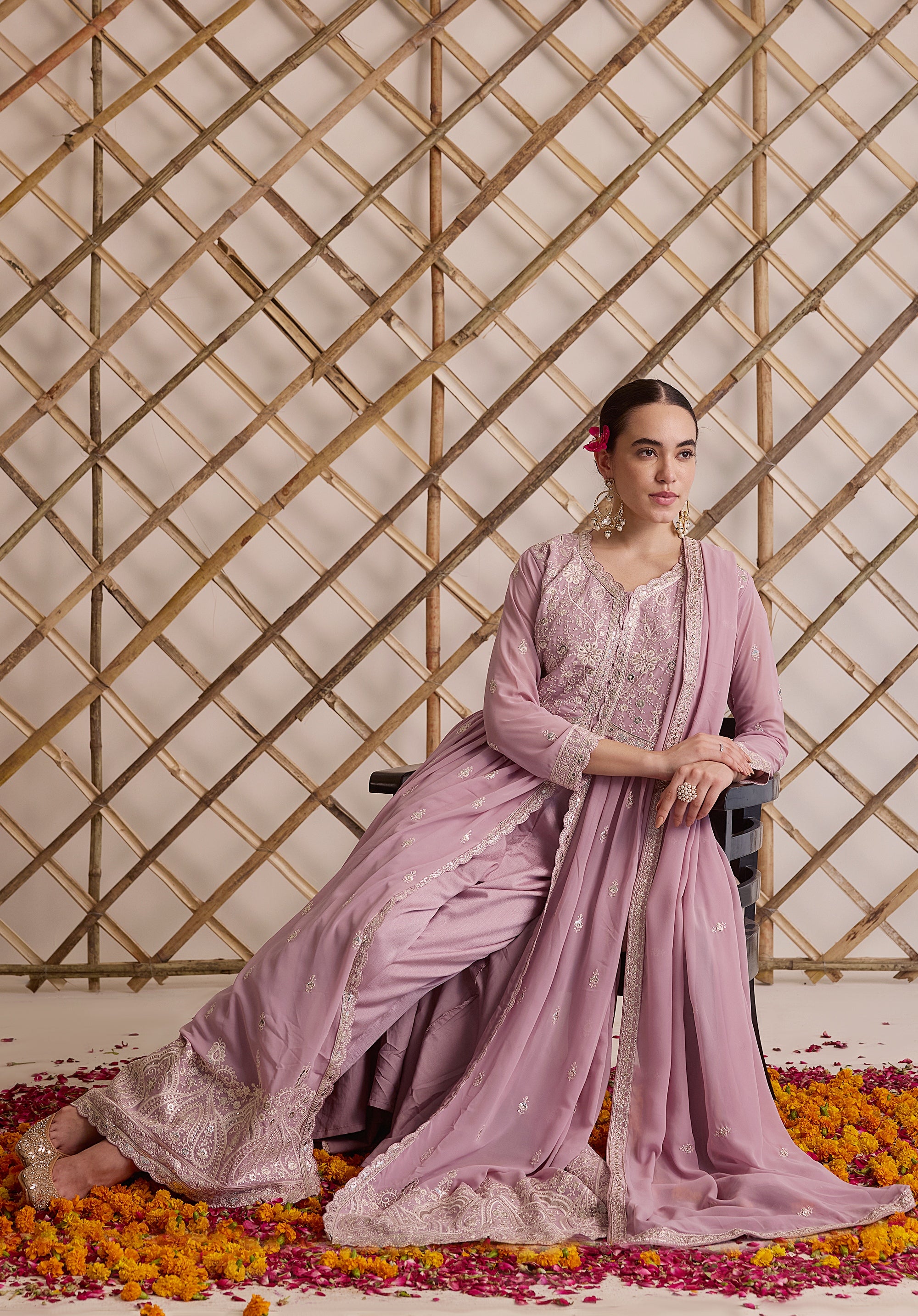 Lemonade pink Nazakat Anarkali suit Indian ethnic wear: georgette silk with white threadwork chikan embroidery, flared design, lilac dupatta, buy salwar kameez online Lucknowi inspired.