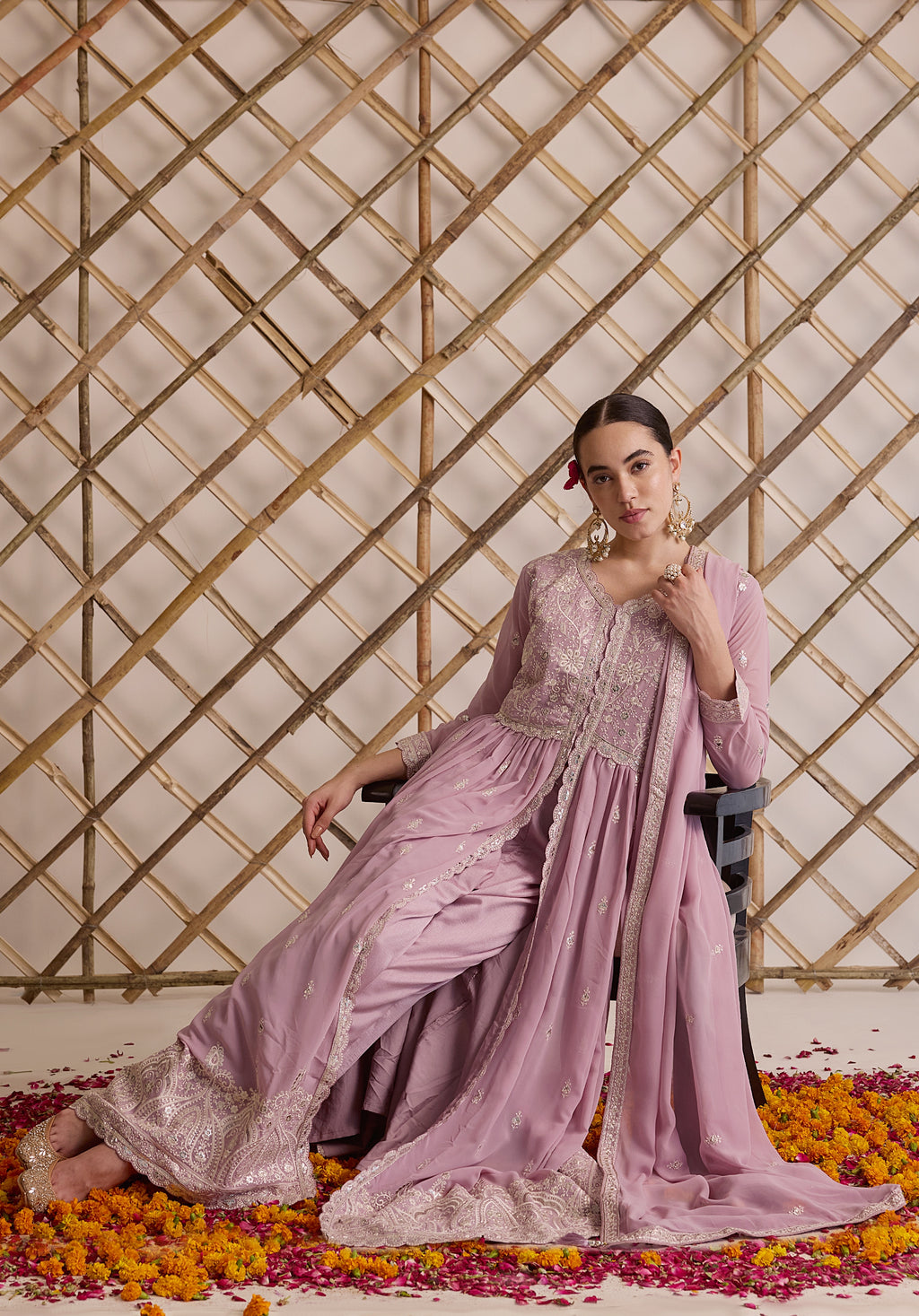 Lemonade pink Nazakat Anarkali suit Indian ethnic wear: georgette silk with white threadwork chikan embroidery, flared design, lilac dupatta, buy salwar kameez online Lucknowi inspired.