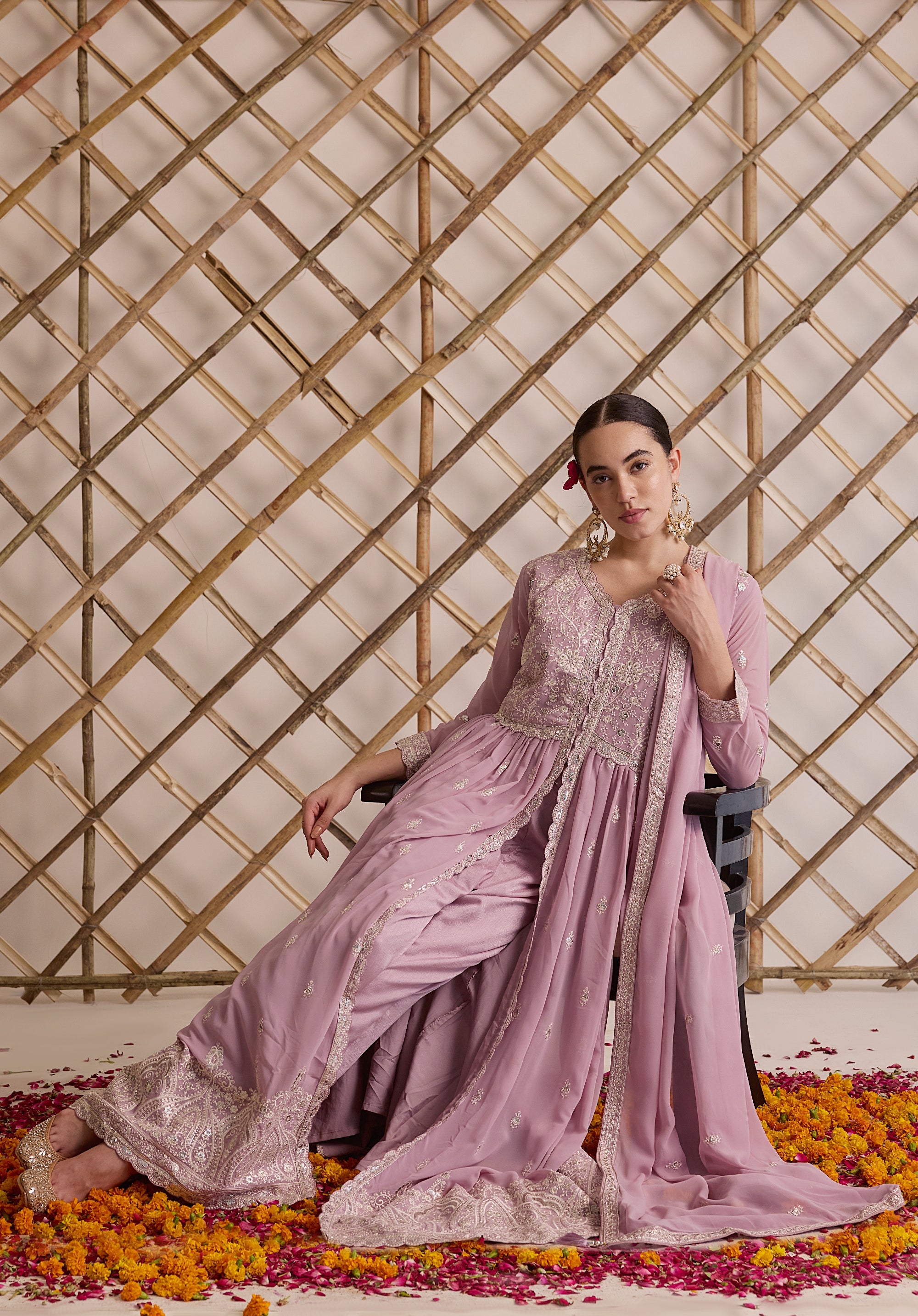 Lemonade pink Nazakat Anarkali suit Indian ethnic wear: georgette silk with white threadwork chikan embroidery, flared design, lilac dupatta, buy salwar kameez online Lucknowi inspired.