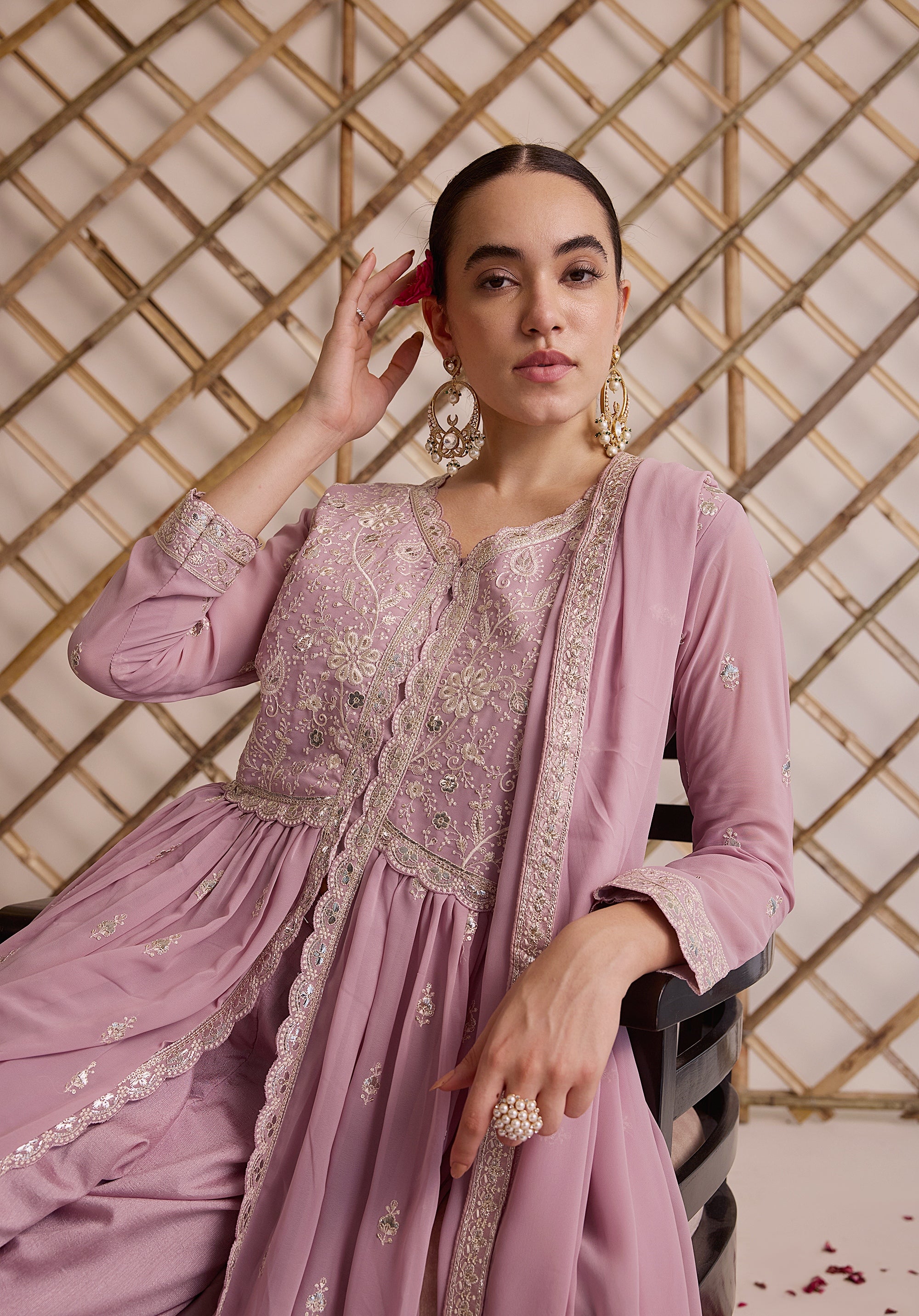 Lemonade pink Nazakat Anarkali suit Indian ethnic wear: georgette silk with white threadwork chikan embroidery, flared design, lilac dupatta, buy salwar kameez online Lucknowi inspired.