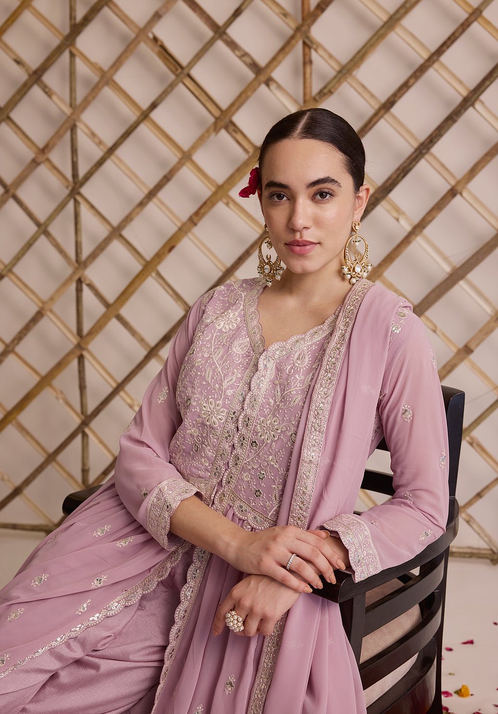 Lemonade pink Nazakat Anarkali suit Indian ethnic wear: georgette silk with white threadwork chikan embroidery, flared design, lilac dupatta, buy salwar kameez online Lucknowi inspired.