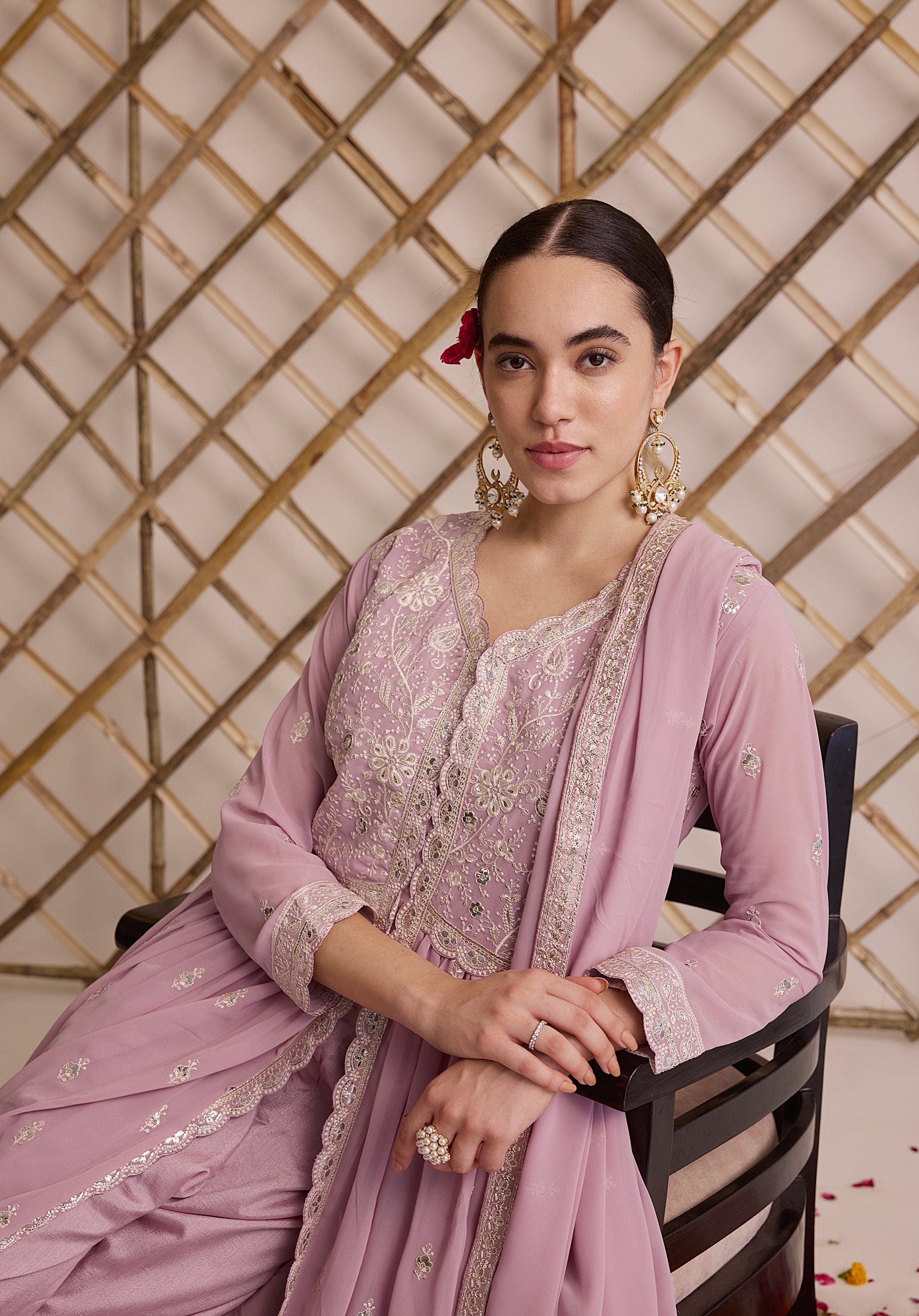 Lemonade pink Nazakat Anarkali suit Indian ethnic wear: georgette silk with white threadwork chikan embroidery, flared design, lilac dupatta, buy salwar kameez online Lucknowi inspired.