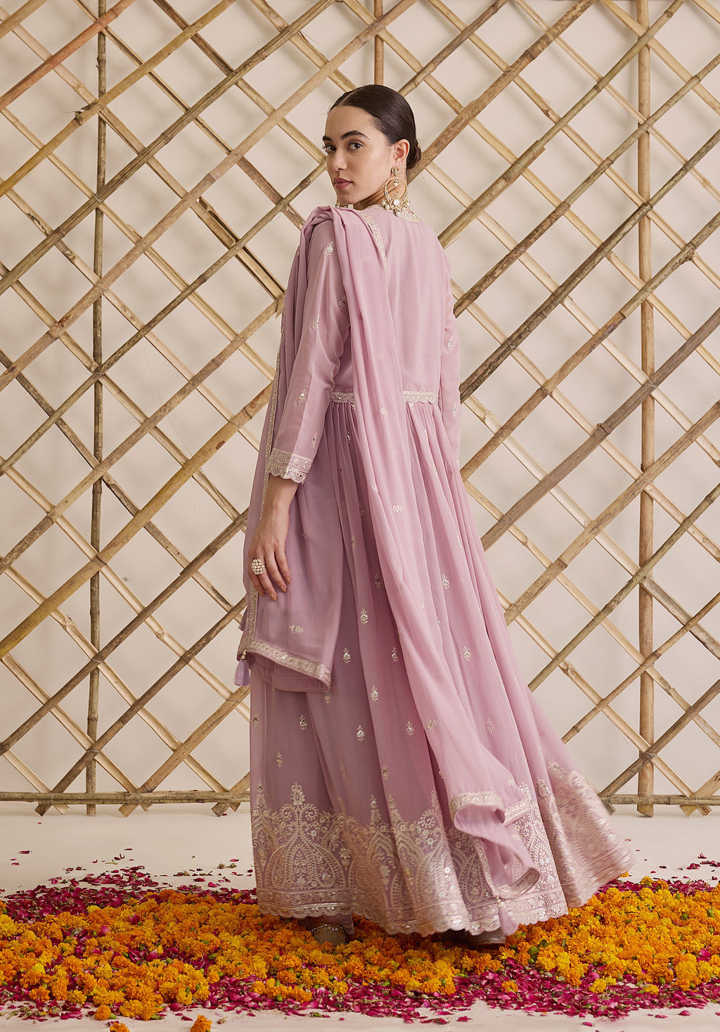 Lemonade pink Nazakat Anarkali suit Indian ethnic wear: georgette silk with white threadwork chikan embroidery, flared design, lilac dupatta, buy salwar kameez online Lucknowi inspired.