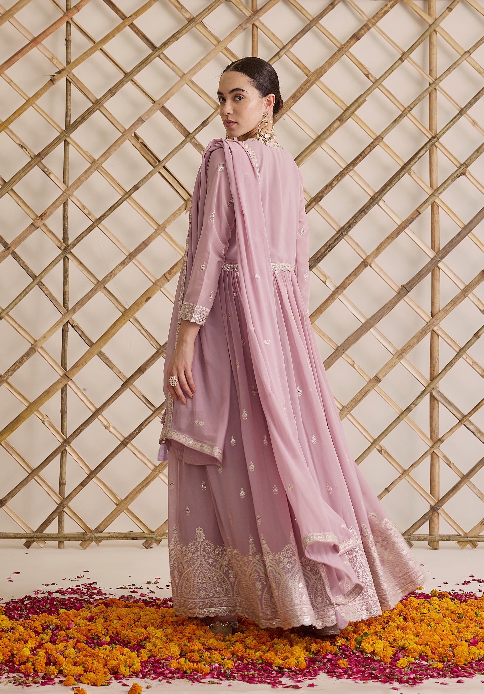 Lemonade pink Nazakat Anarkali suit Indian ethnic wear: georgette silk with white threadwork chikan embroidery, flared design, lilac dupatta, buy salwar kameez online Lucknowi inspired.