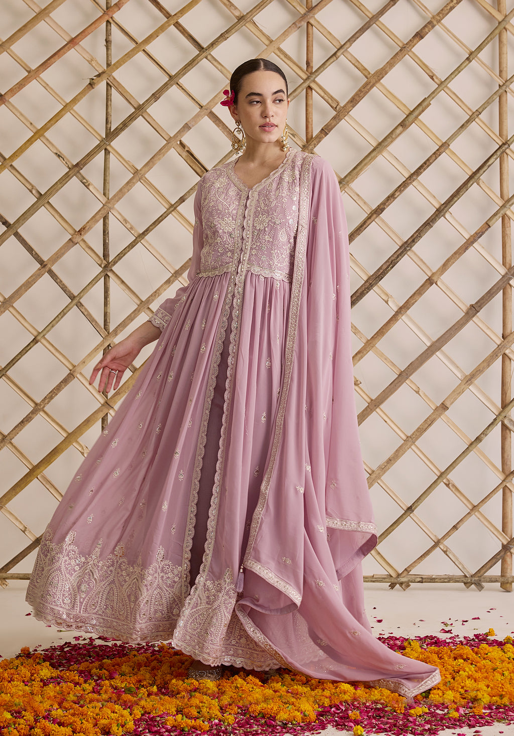 Lemonade pink Nazakat Anarkali suit Indian ethnic wear: georgette silk with white threadwork chikan embroidery, flared design, lilac dupatta, buy salwar kameez online Lucknowi inspired.