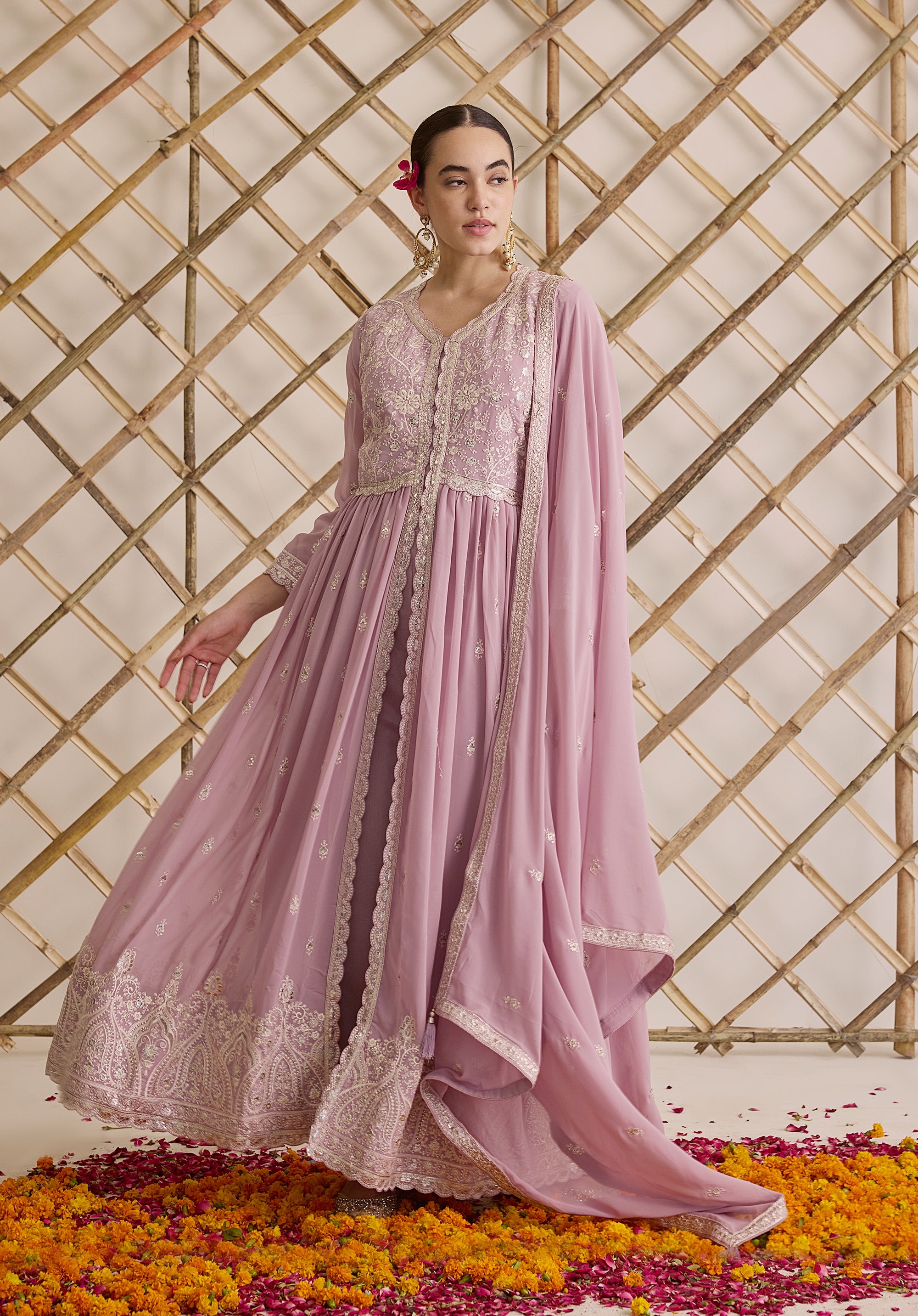 Lemonade pink Nazakat Anarkali suit Indian ethnic wear: georgette silk with white threadwork chikan embroidery, flared design, lilac dupatta, buy salwar kameez online Lucknowi inspired.