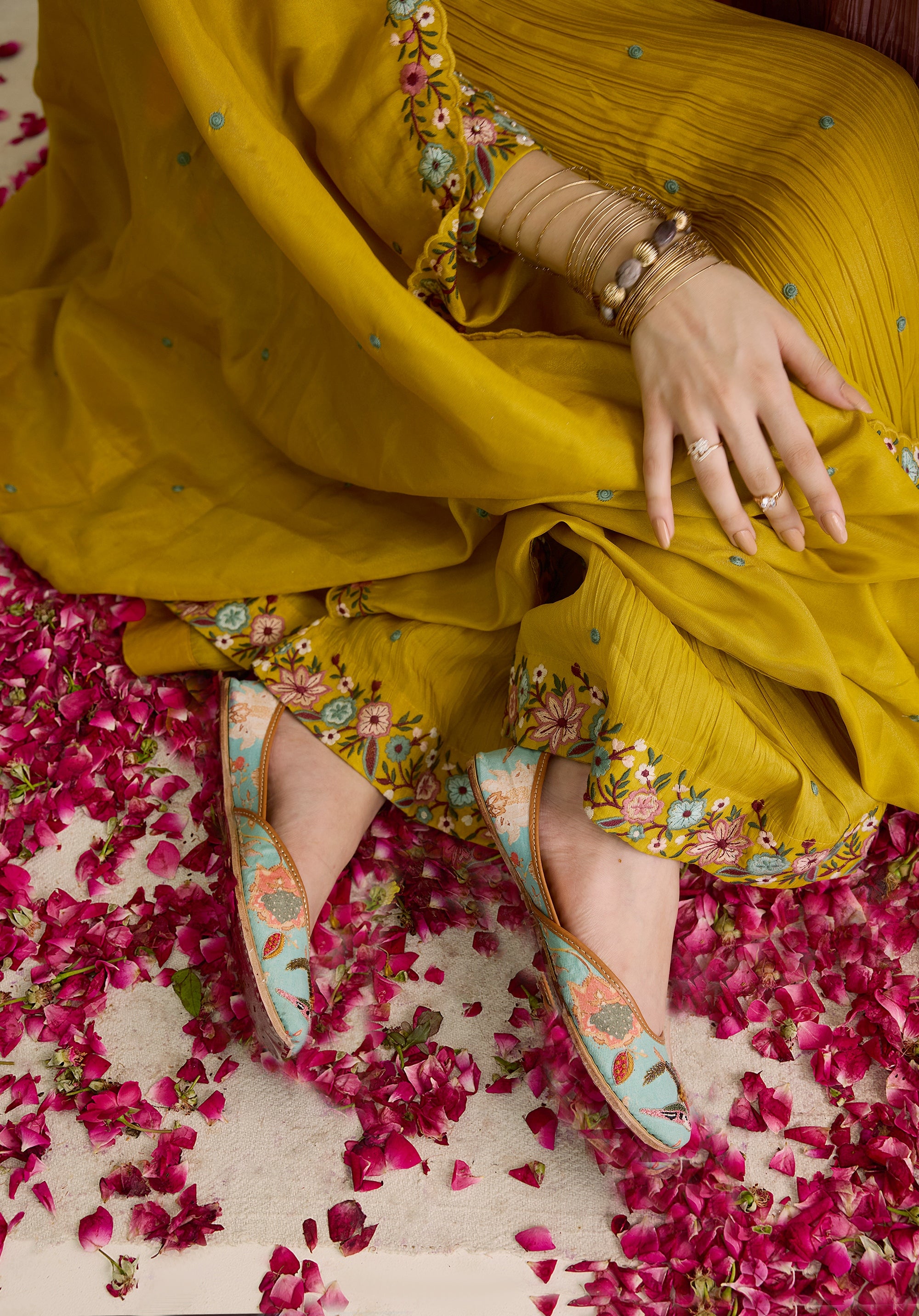 Mustard yellow Nitya suit Indian ethnic wear: premium silk with gold floral zardozi embroidery, ornate printed palazzo, graceful dupatta, buy salwar kameez online with floral designs.