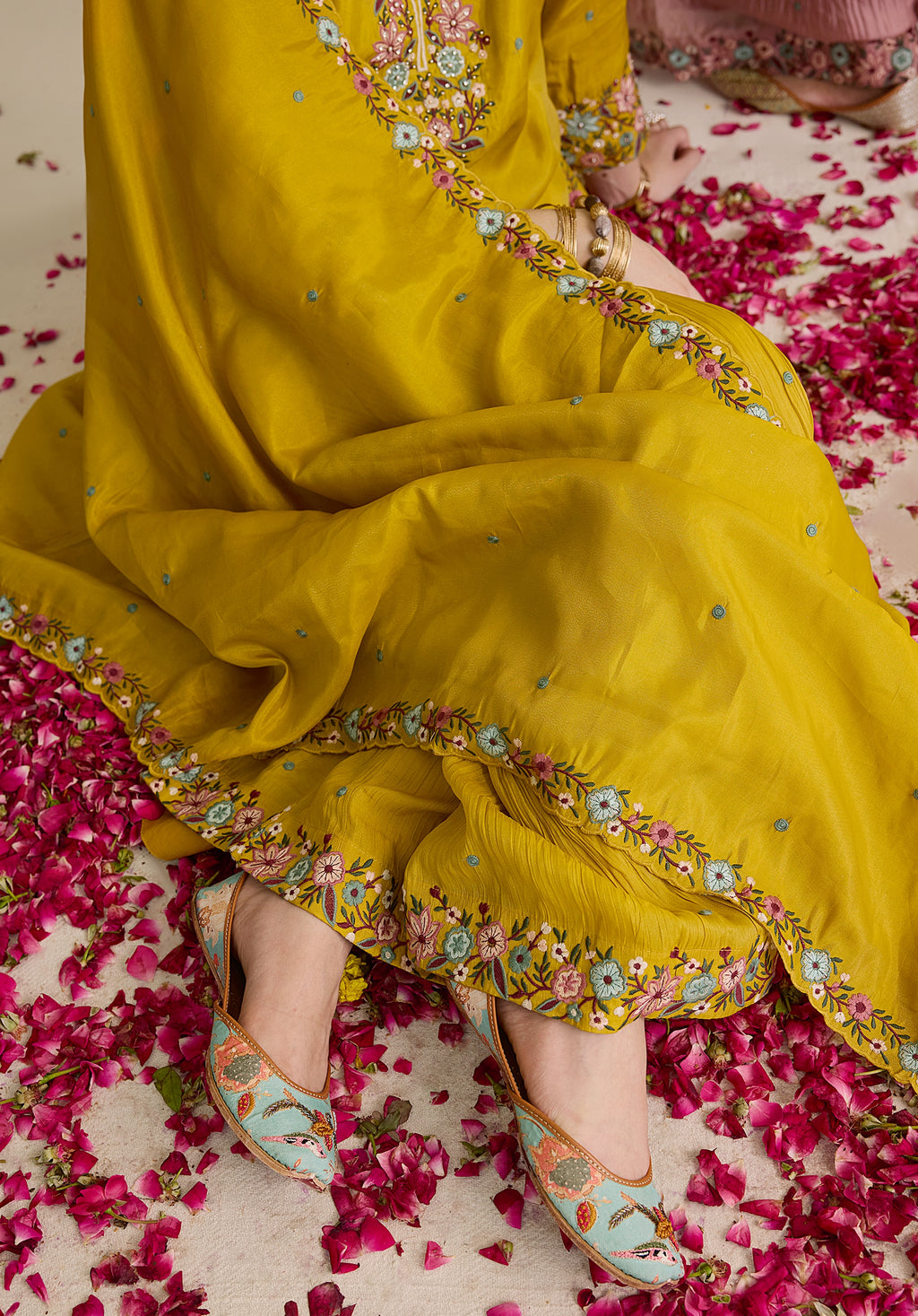 Mustard yellow Nitya suit Indian ethnic wear: premium silk with gold floral zardozi embroidery, ornate printed palazzo, graceful dupatta, buy salwar kameez online with floral designs.