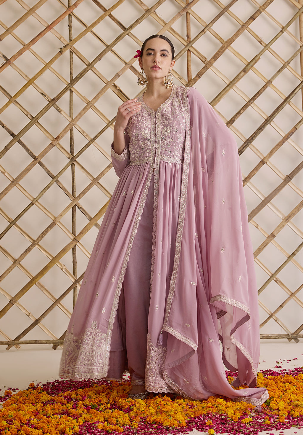 Lemonade pink Nazakat Anarkali suit Indian ethnic wear: georgette silk with white threadwork chikan embroidery, flared design, lilac dupatta, buy salwar kameez online Lucknowi inspired.