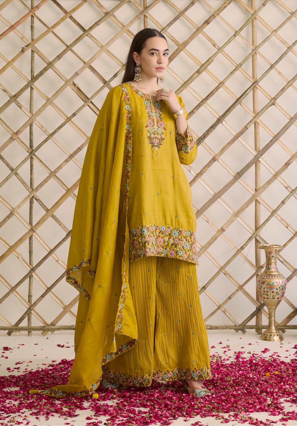 Mustard yellow Nitya suit Indian ethnic wear: premium silk with gold floral zardozi embroidery, ornate printed palazzo, graceful dupatta, buy salwar kameez online with floral designs.