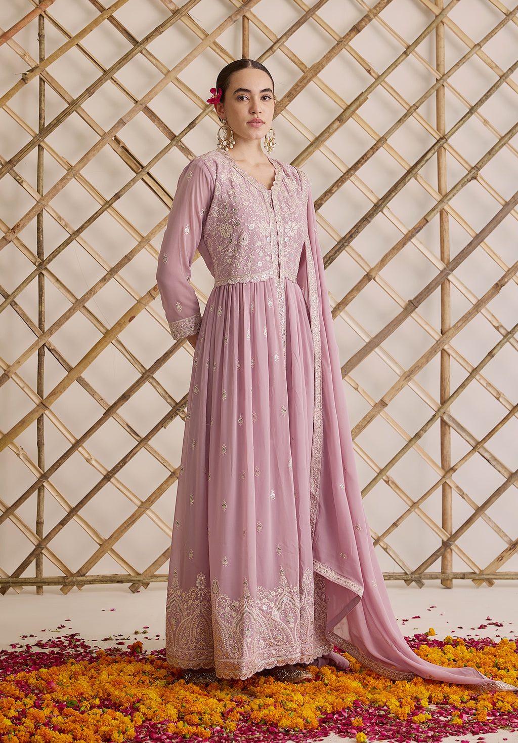 Lemonade pink Nazakat Anarkali suit Indian ethnic wear: georgette silk with white threadwork chikan embroidery, flared design, lilac dupatta, buy salwar kameez online Lucknowi inspired.