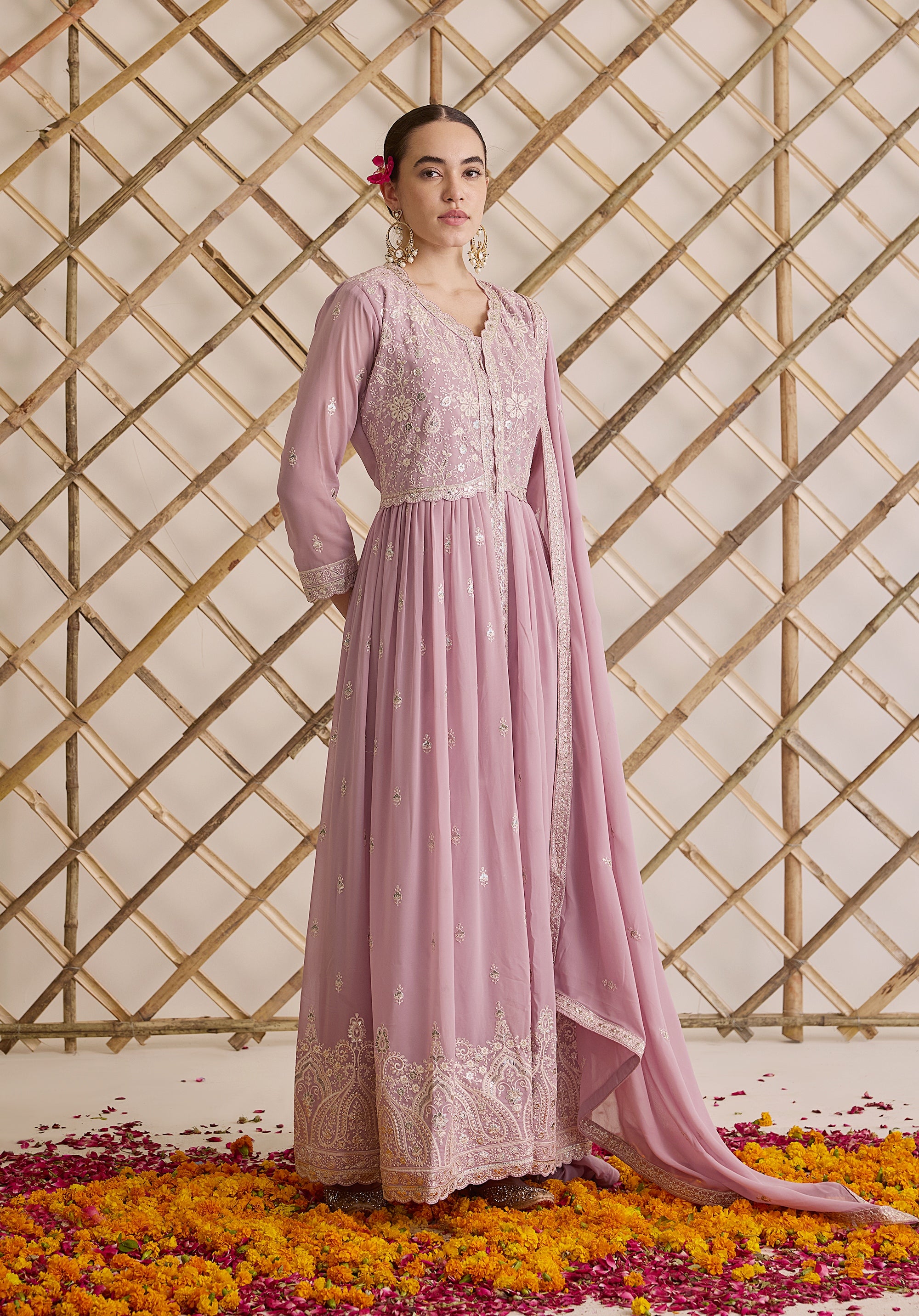 Lemonade pink Nazakat Anarkali suit Indian ethnic wear: georgette silk with white threadwork chikan embroidery, flared design, lilac dupatta, buy salwar kameez online Lucknowi inspired.