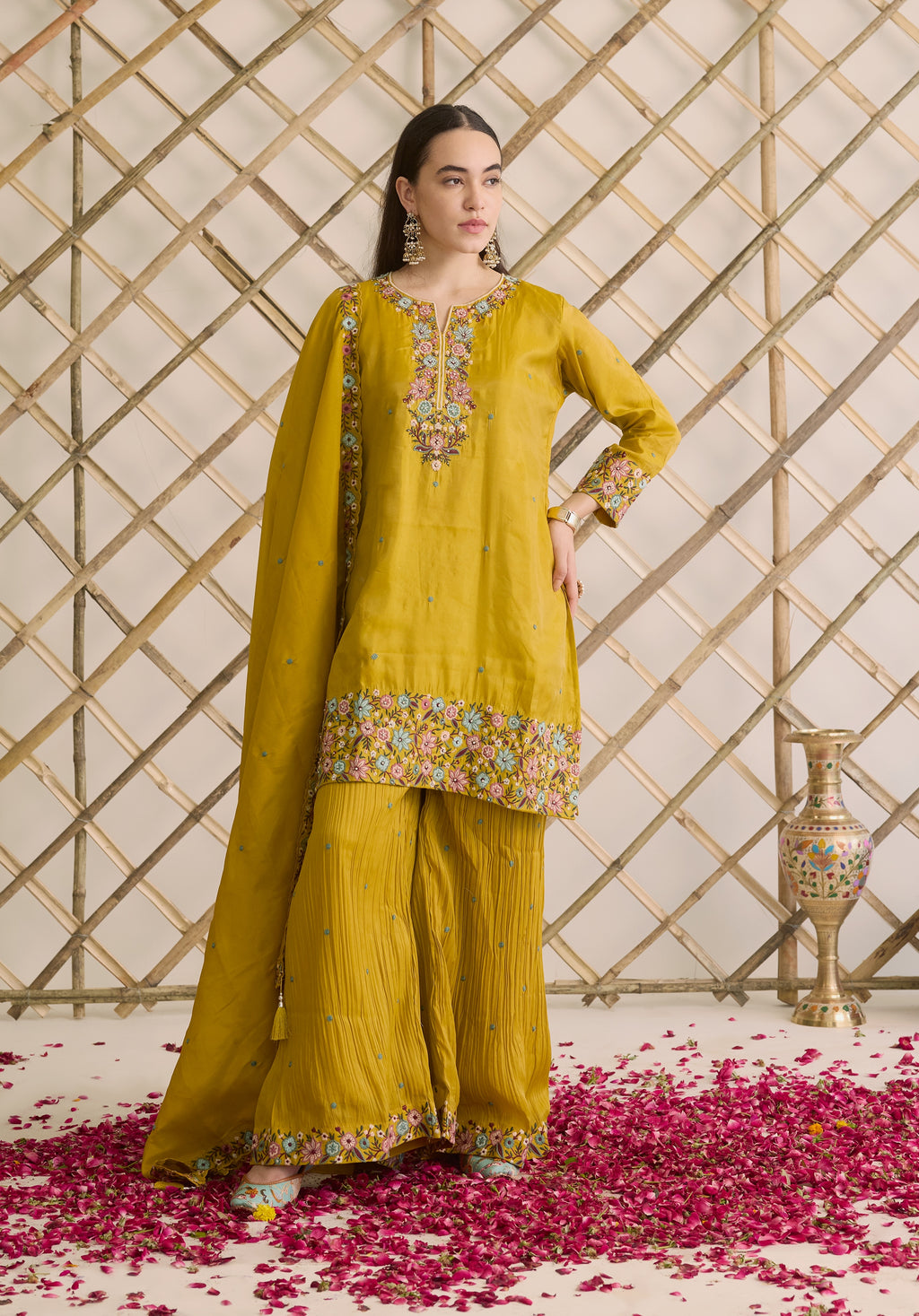 Mustard yellow Nitya suit Indian ethnic wear: premium silk with gold floral zardozi embroidery, ornate printed palazzo, graceful dupatta, buy salwar kameez online with floral designs.
