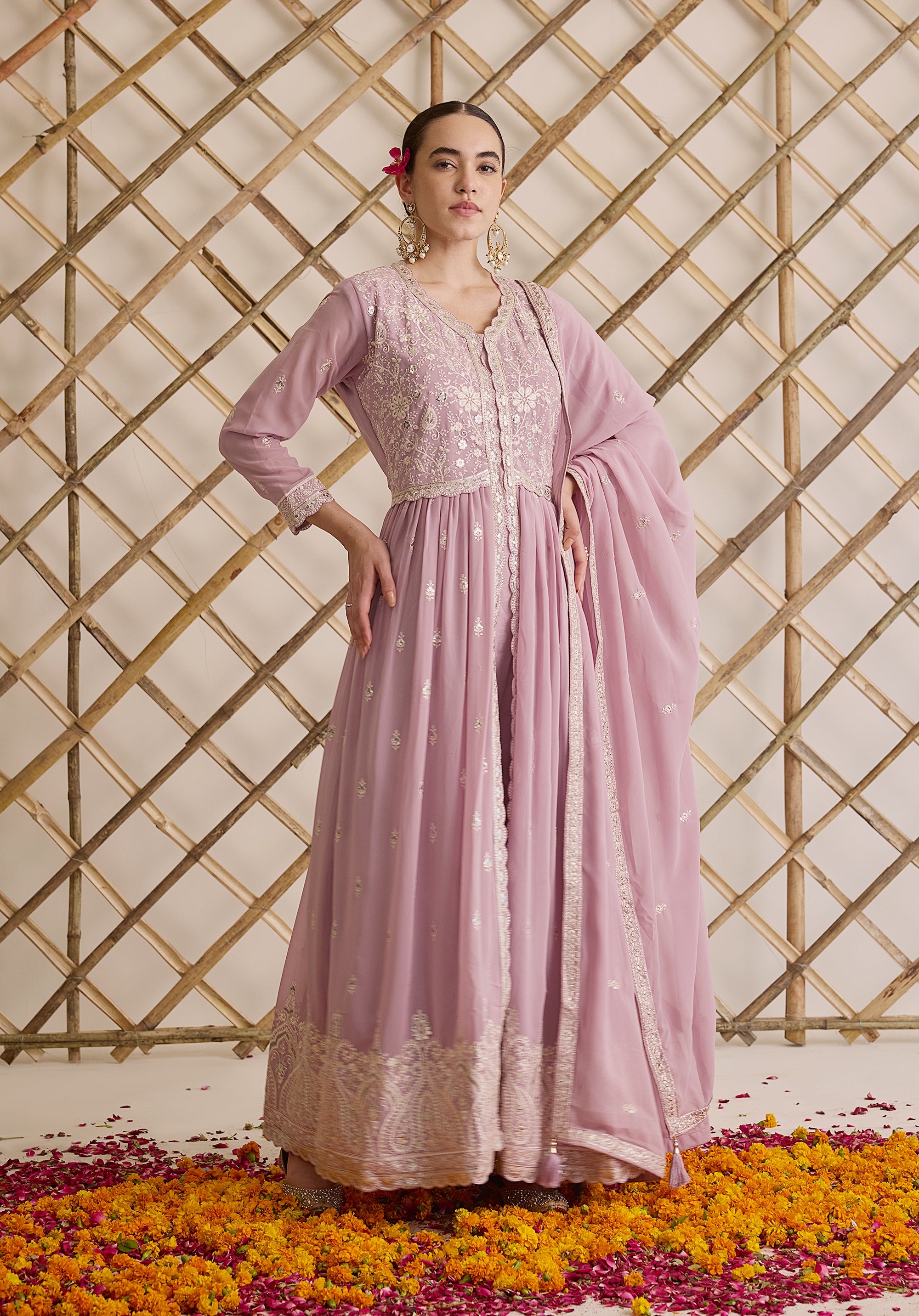 Lemonade pink Nazakat Anarkali suit Indian ethnic wear: georgette silk with white threadwork chikan embroidery, flared design, lilac dupatta, buy salwar kameez online Lucknowi inspired.