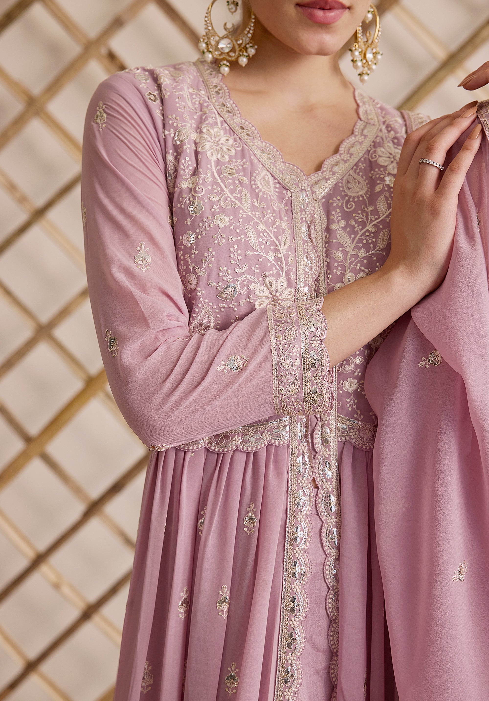 Lemonade pink Nazakat Anarkali suit Indian ethnic wear: georgette silk with white threadwork chikan embroidery, flared design, lilac dupatta, buy salwar kameez online Lucknowi inspired.