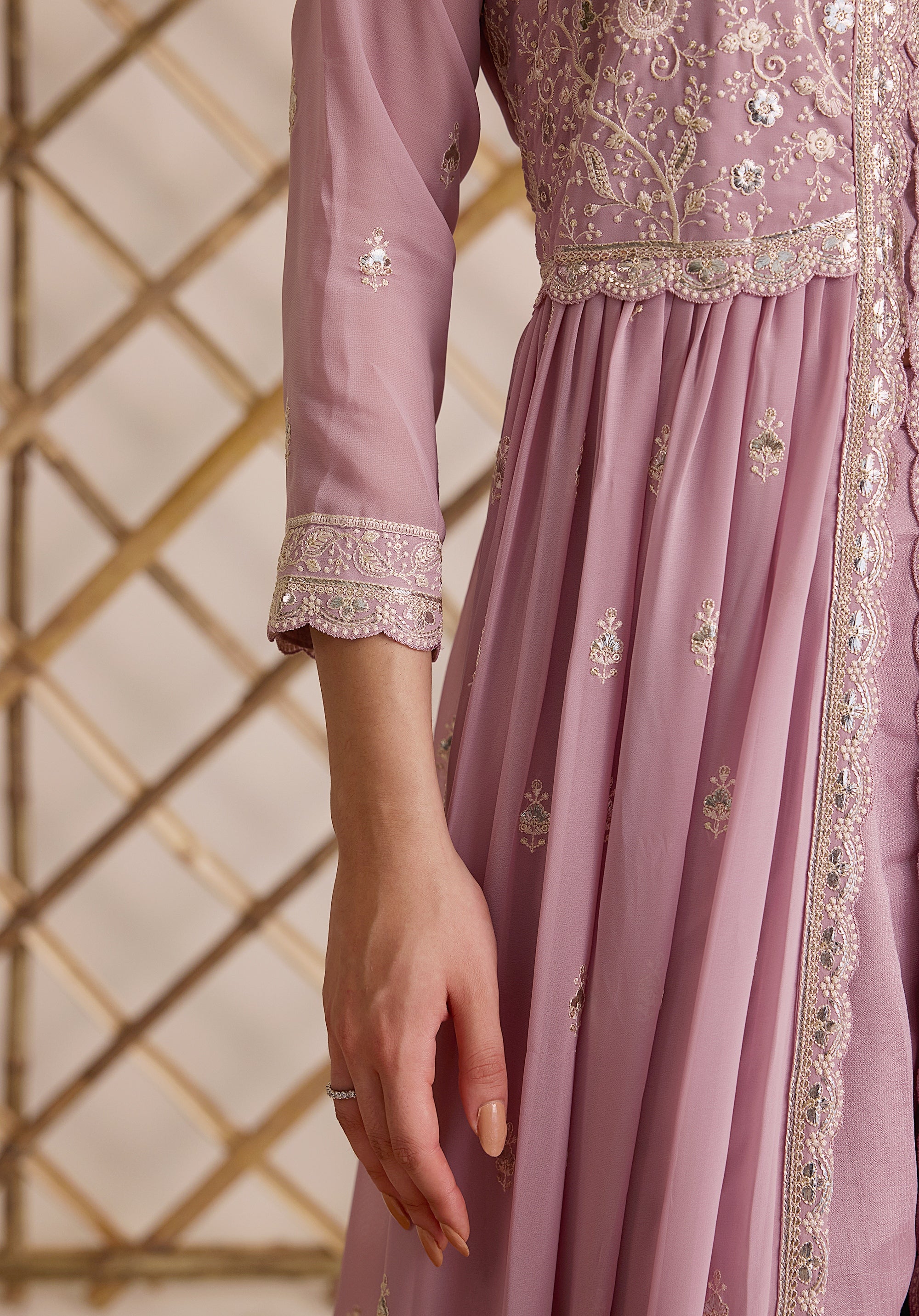 Lemonade pink Nazakat Anarkali suit Indian ethnic wear: georgette silk with white threadwork chikan embroidery, flared design, lilac dupatta, buy salwar kameez online Lucknowi inspired.