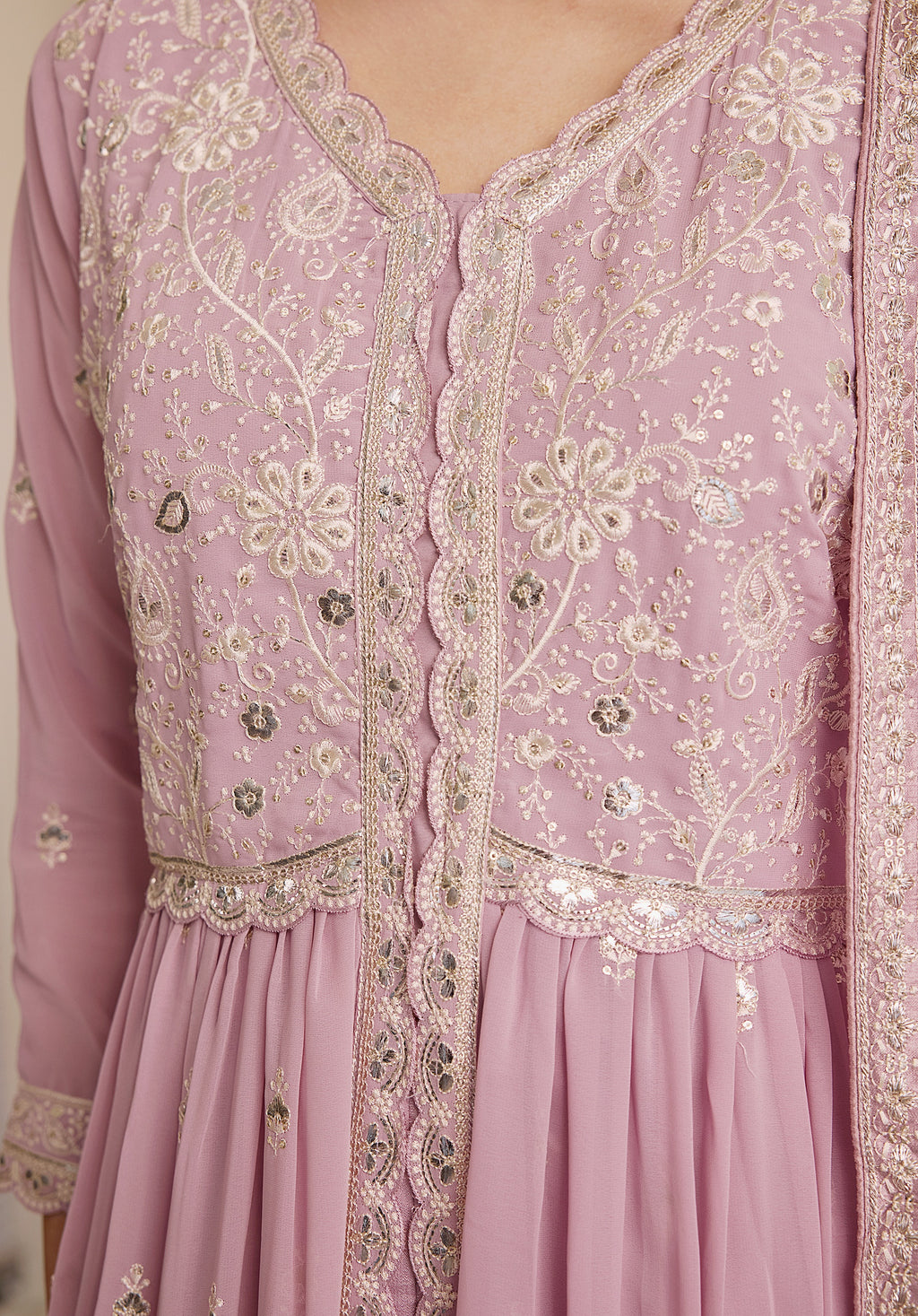 Lemonade pink Nazakat Anarkali suit Indian ethnic wear: georgette silk with white threadwork chikan embroidery, flared design, lilac dupatta, buy salwar kameez online Lucknowi inspired.