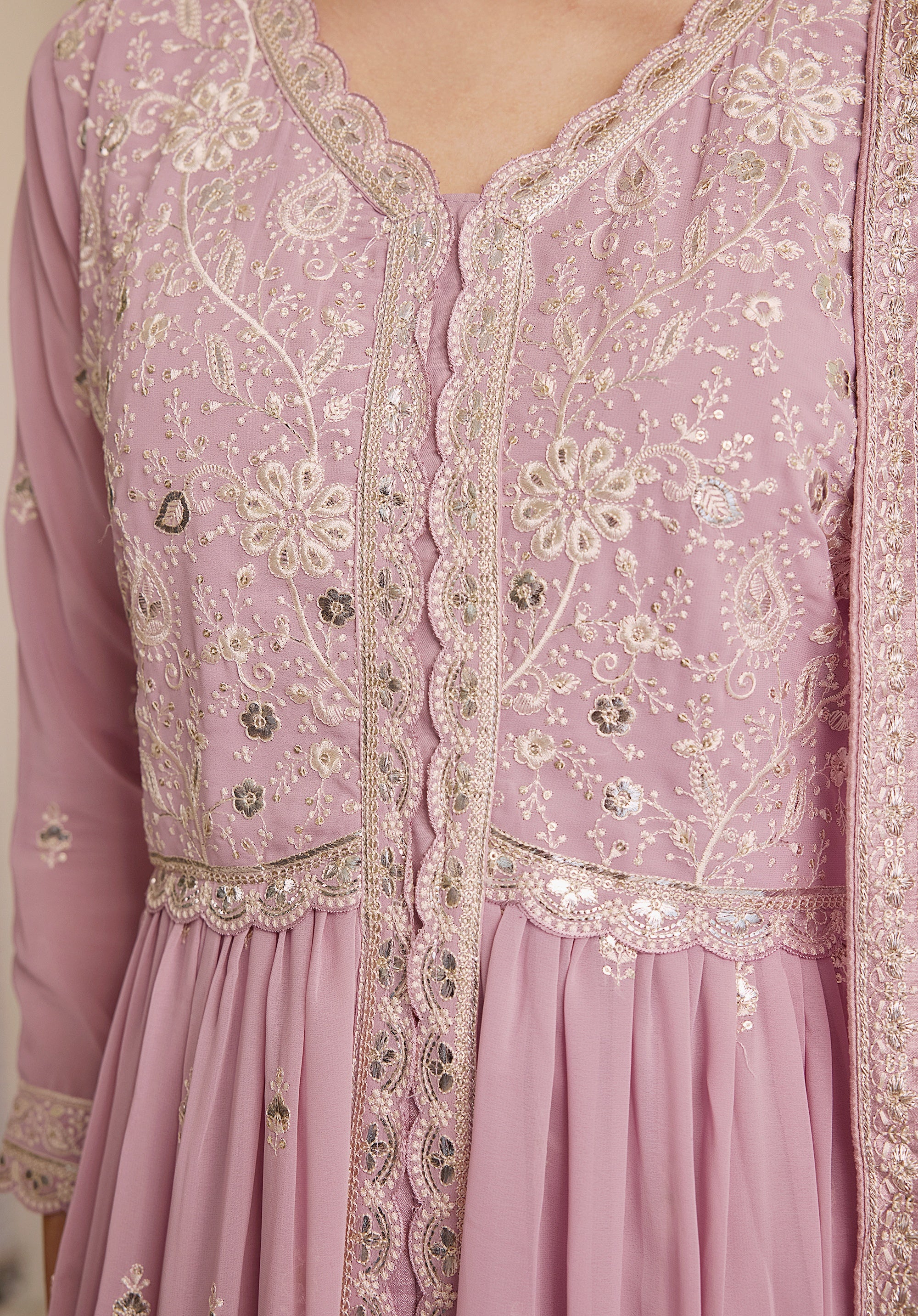 Lemonade pink Nazakat Anarkali suit Indian ethnic wear: georgette silk with white threadwork chikan embroidery, flared design, lilac dupatta, buy salwar kameez online Lucknowi inspired.
