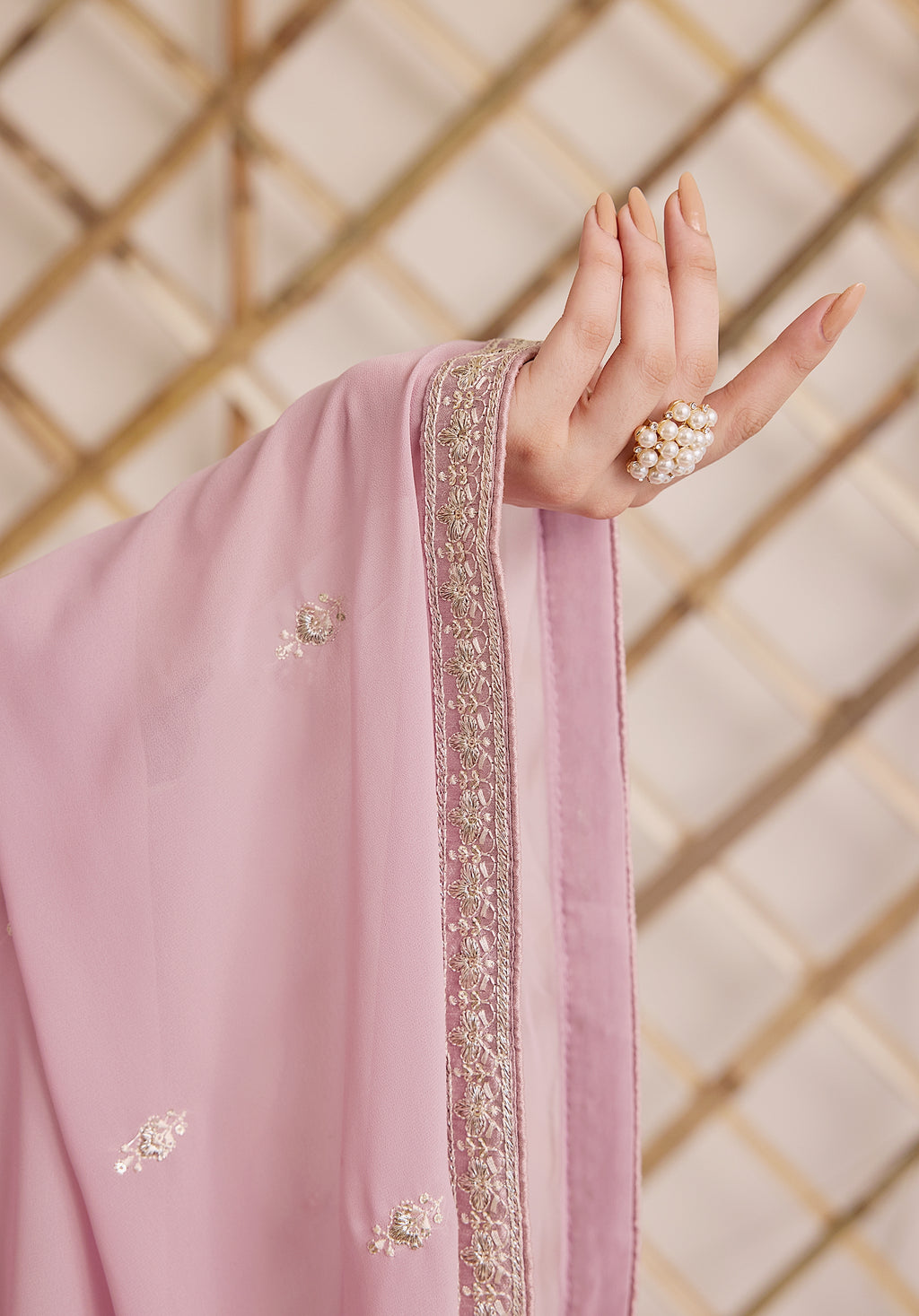 Lemonade pink Nazakat Anarkali suit Indian ethnic wear: georgette silk with white threadwork chikan embroidery, flared design, lilac dupatta, buy salwar kameez online Lucknowi inspired.