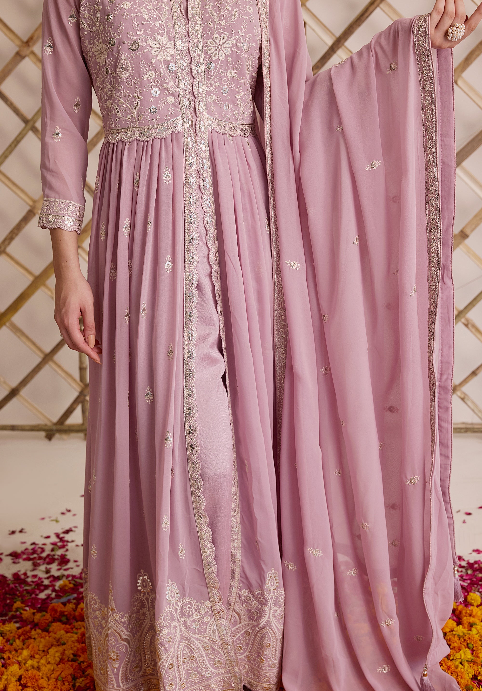 Lemonade pink Nazakat Anarkali suit Indian ethnic wear: georgette silk with white threadwork chikan embroidery, flared design, lilac dupatta, buy salwar kameez online Lucknowi inspired.