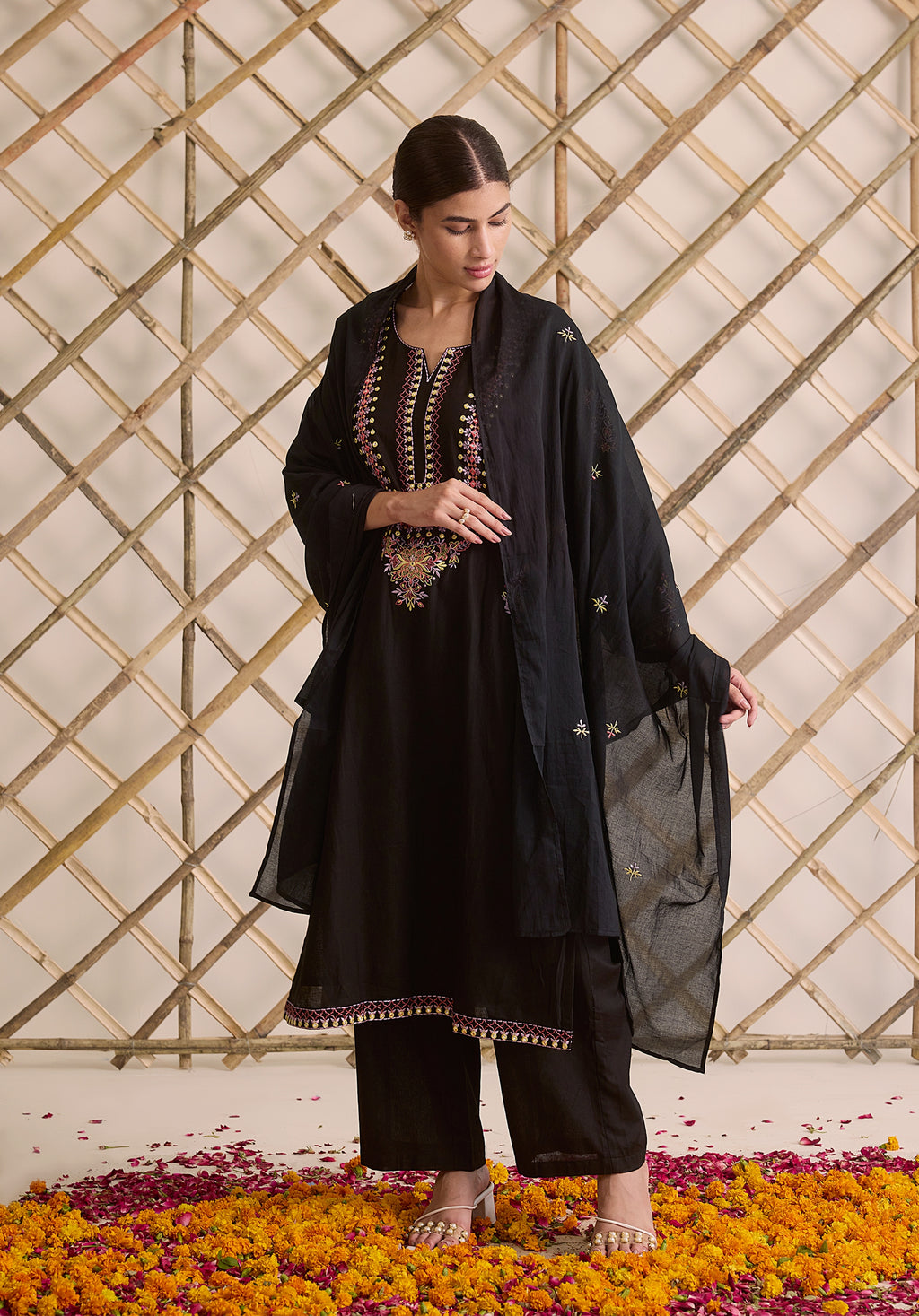Night black Meher Kashmiri suit Indian ethnic wear: premium cotton with multicolored motifs embroidery, sleek straight pants, star-scattered dupatta, buy salwar kameez online for sophisticated ethnic style.