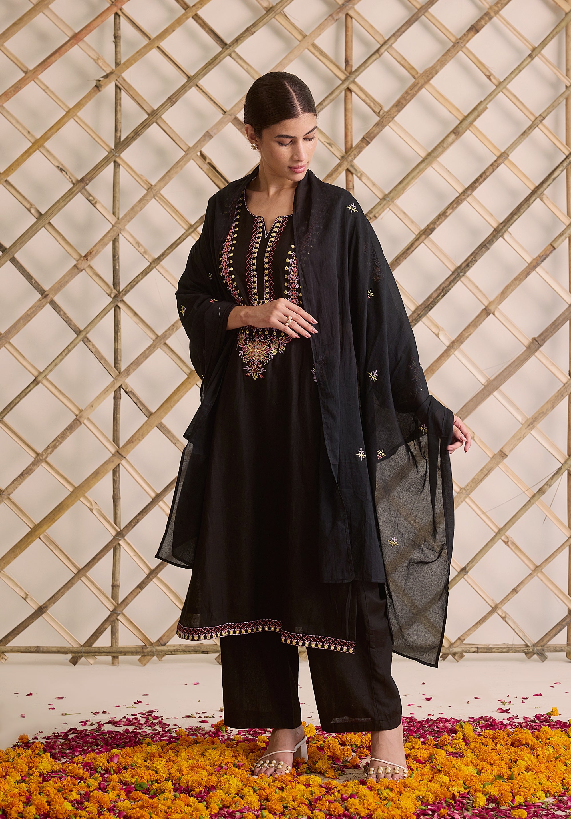 Night black Meher Kashmiri suit Indian ethnic wear: premium cotton with multicolored motifs embroidery, sleek straight pants, star-scattered dupatta, buy salwar kameez online for sophisticated ethnic style.