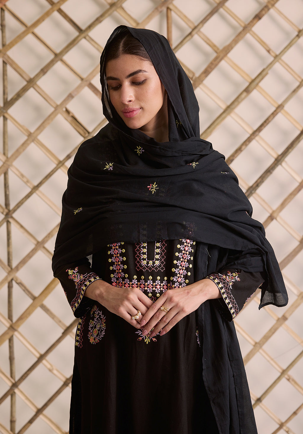 Night black Meher Kashmiri suit Indian ethnic wear: premium cotton with multicolored motifs embroidery, sleek straight pants, star-scattered dupatta, buy salwar kameez online for sophisticated ethnic style.