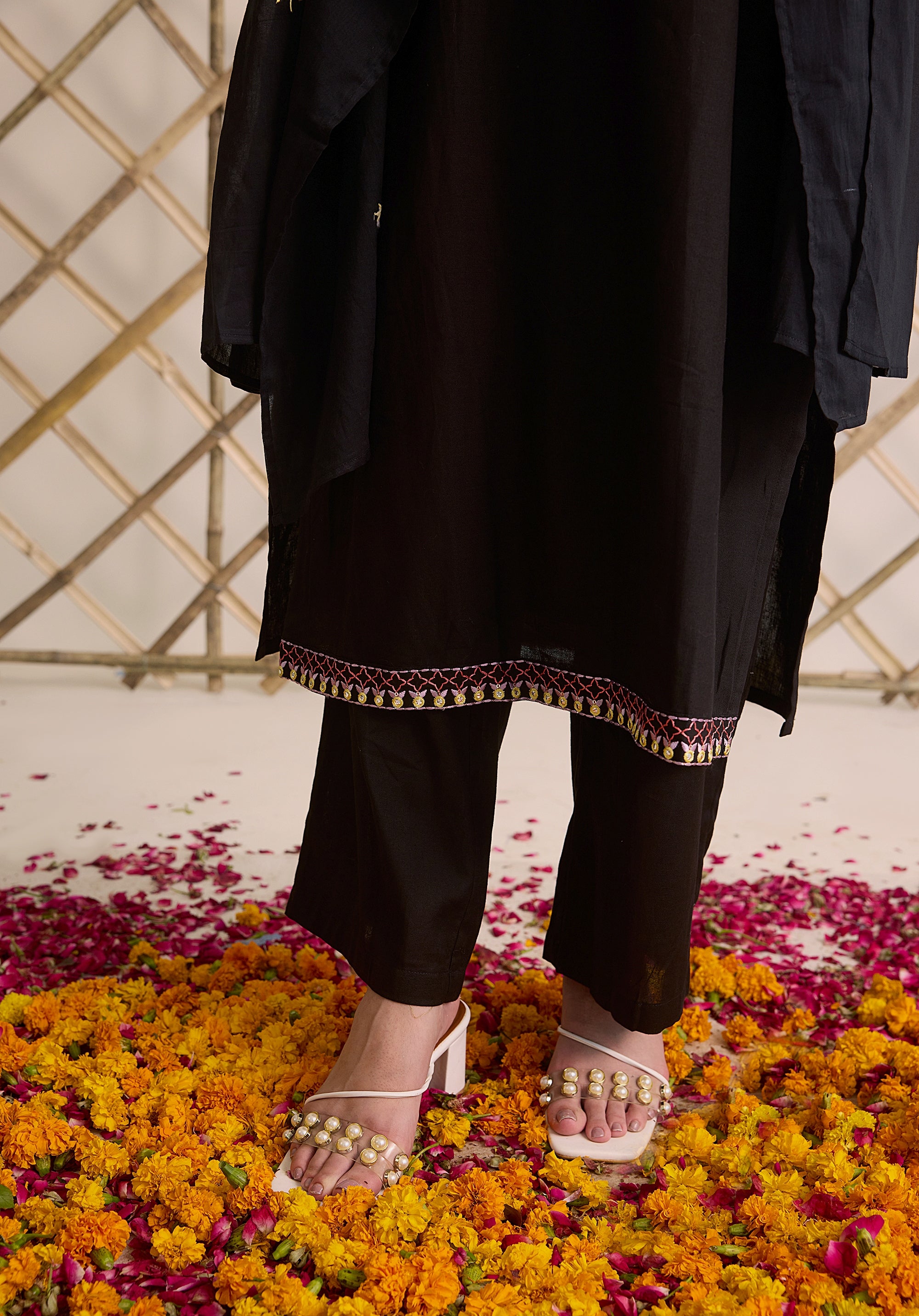 Night black Meher Kashmiri suit Indian ethnic wear: premium cotton with multicolored motifs embroidery, sleek straight pants, star-scattered dupatta, buy salwar kameez online for sophisticated ethnic style.