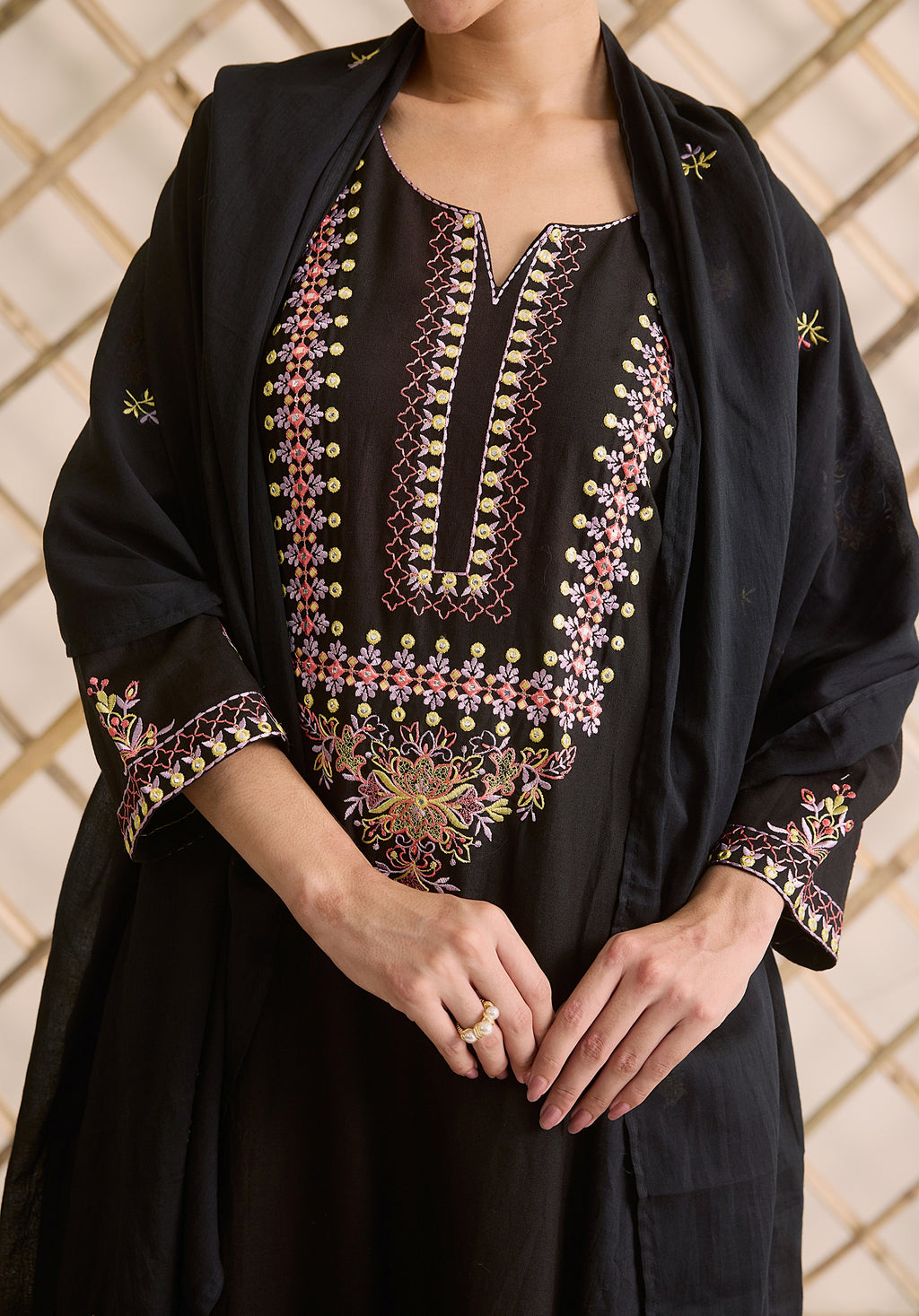 Night black Meher Kashmiri suit Indian ethnic wear: premium cotton with multicolored motifs embroidery, sleek straight pants, star-scattered dupatta, buy salwar kameez online for sophisticated ethnic style.