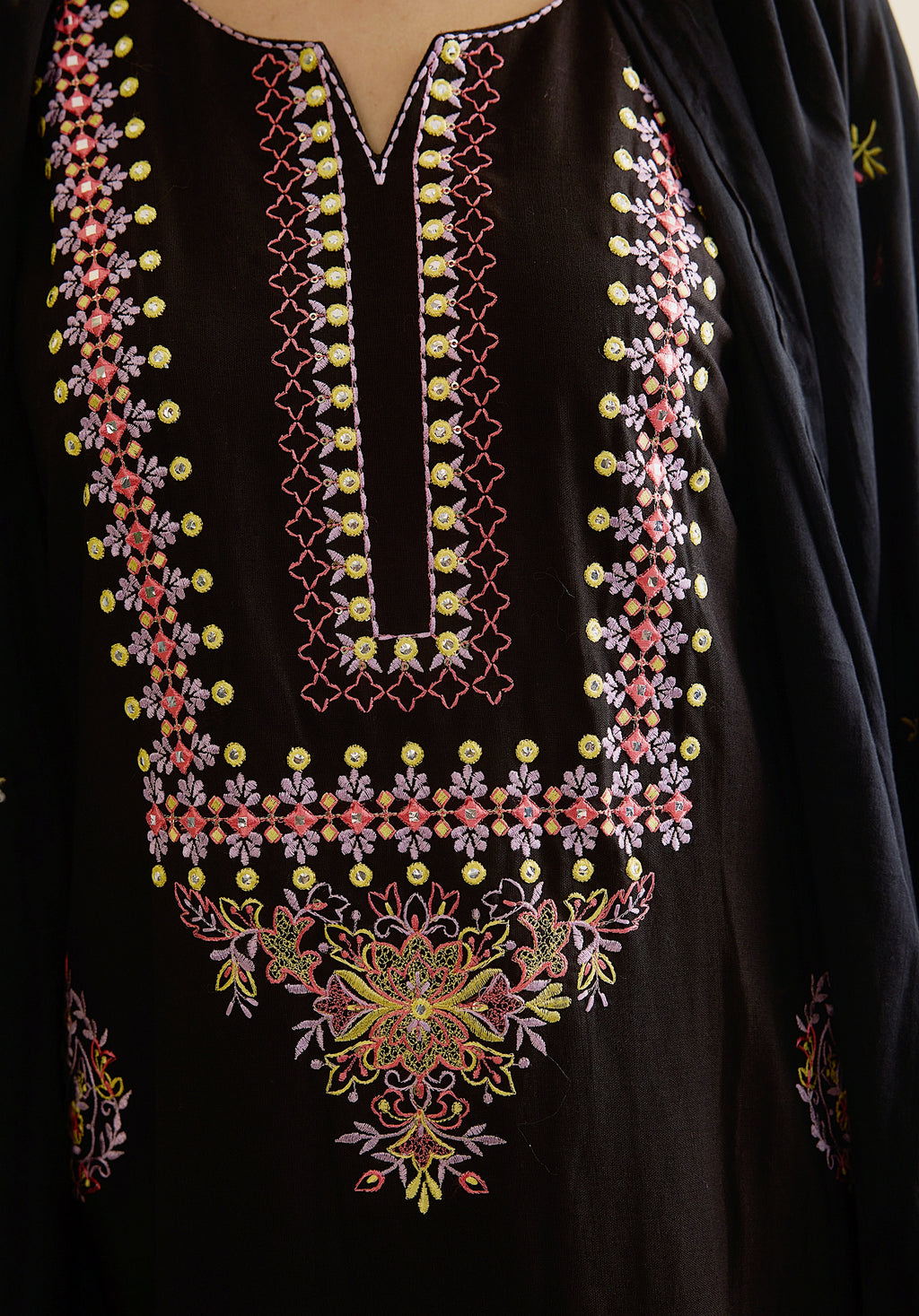 Night black Meher Kashmiri suit Indian ethnic wear: premium cotton with multicolored motifs embroidery, sleek straight pants, star-scattered dupatta, buy salwar kameez online for sophisticated ethnic style.
