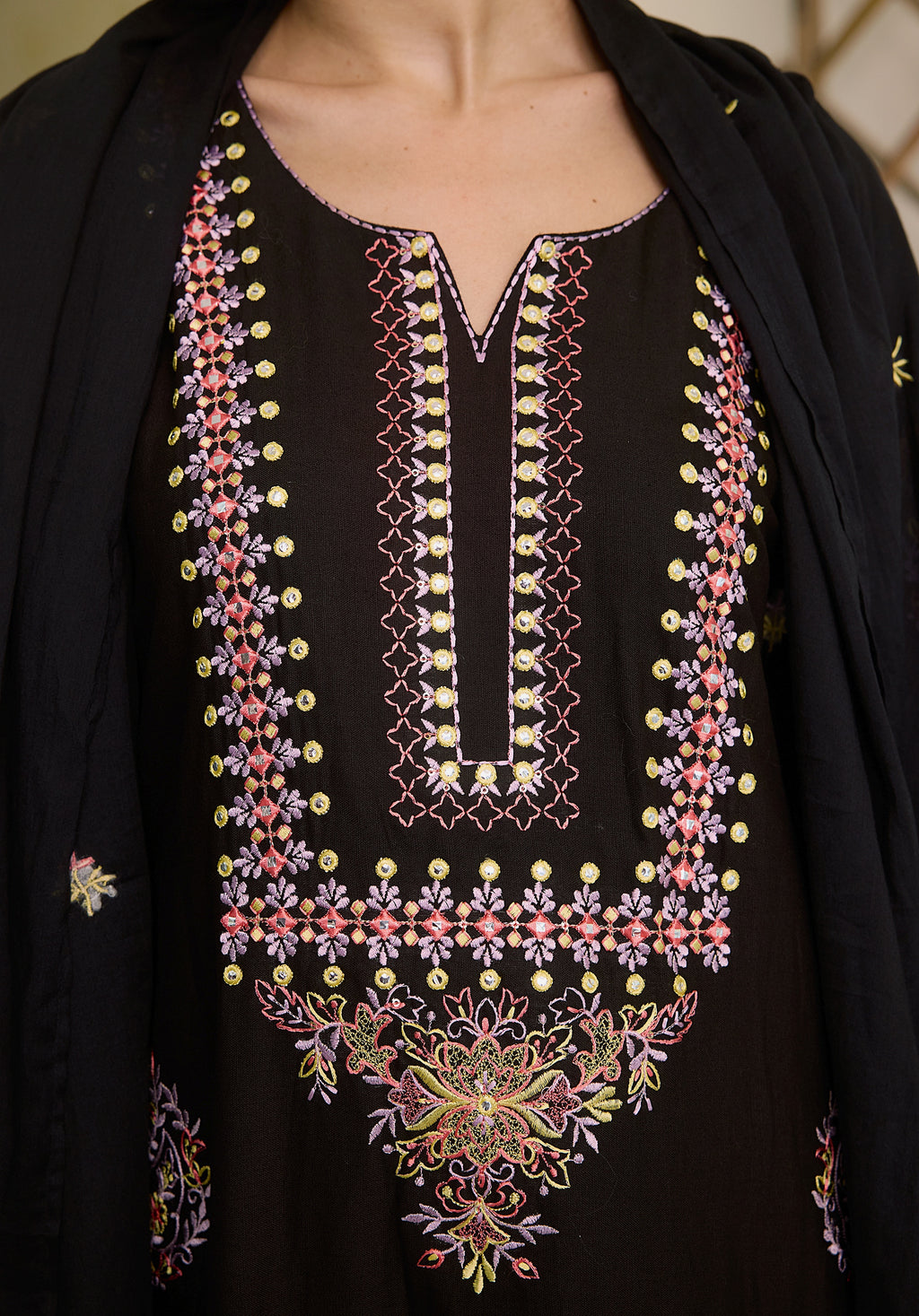 Night black Meher Kashmiri suit Indian ethnic wear: premium cotton with multicolored motifs embroidery, sleek straight pants, star-scattered dupatta, buy salwar kameez online for sophisticated ethnic style.