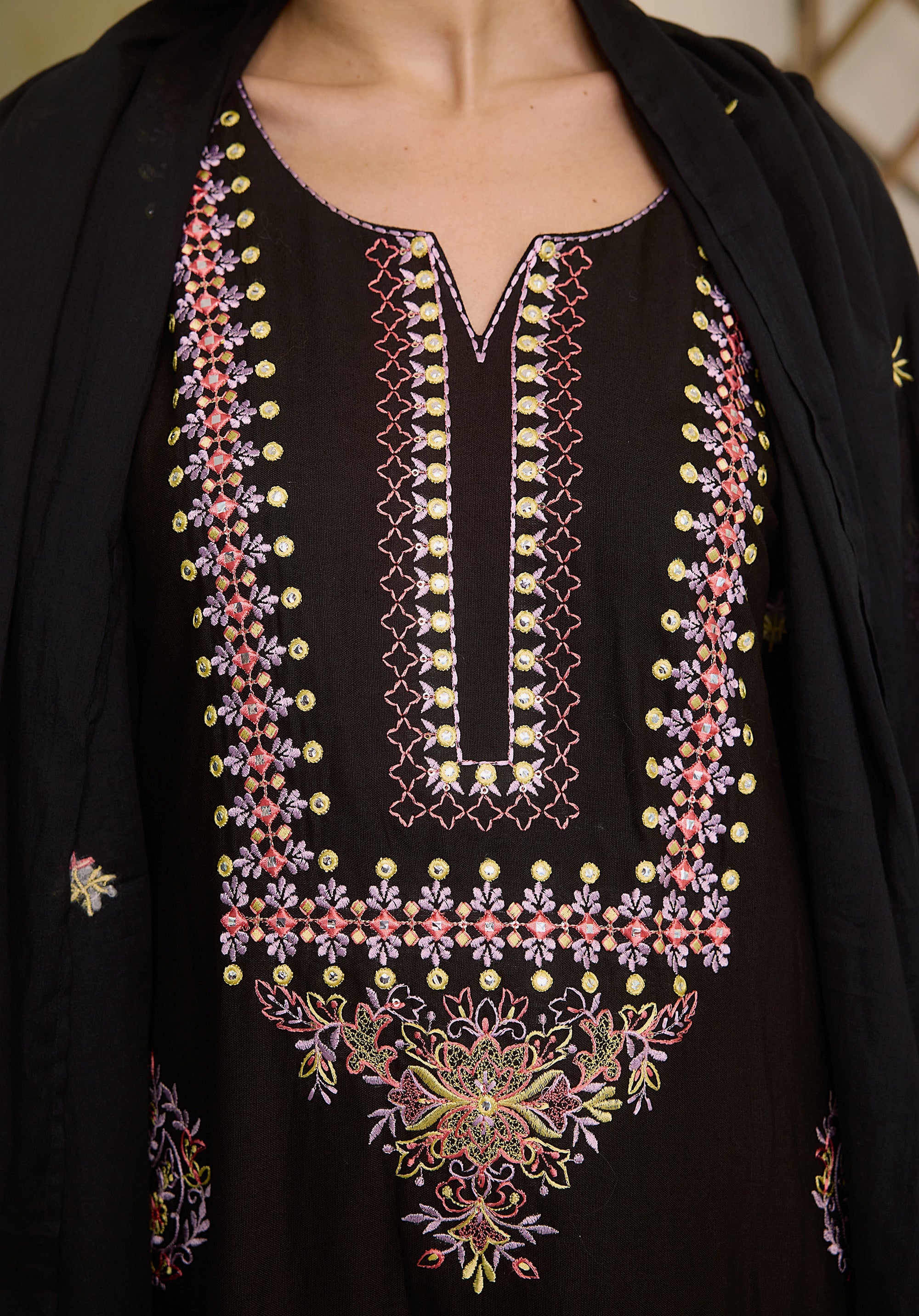 Night black Meher Kashmiri suit Indian ethnic wear: premium cotton with multicolored motifs embroidery, sleek straight pants, star-scattered dupatta, buy salwar kameez online for sophisticated ethnic style.